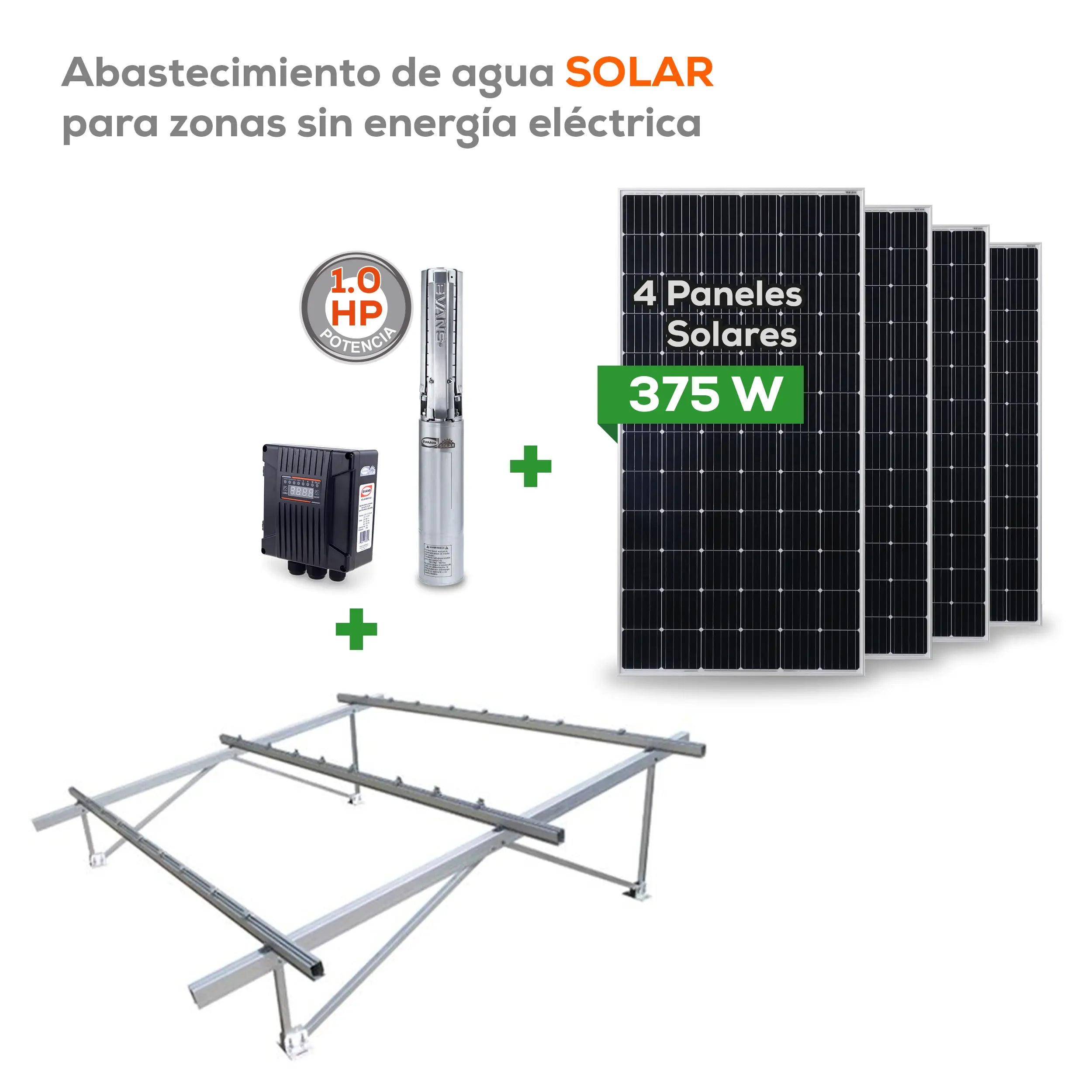 KIT SOLAR 1.0 HP 55L Panel 375W 1 HP 80/180 V Marca EVANS. Modelo: KIT-SOLAR-1