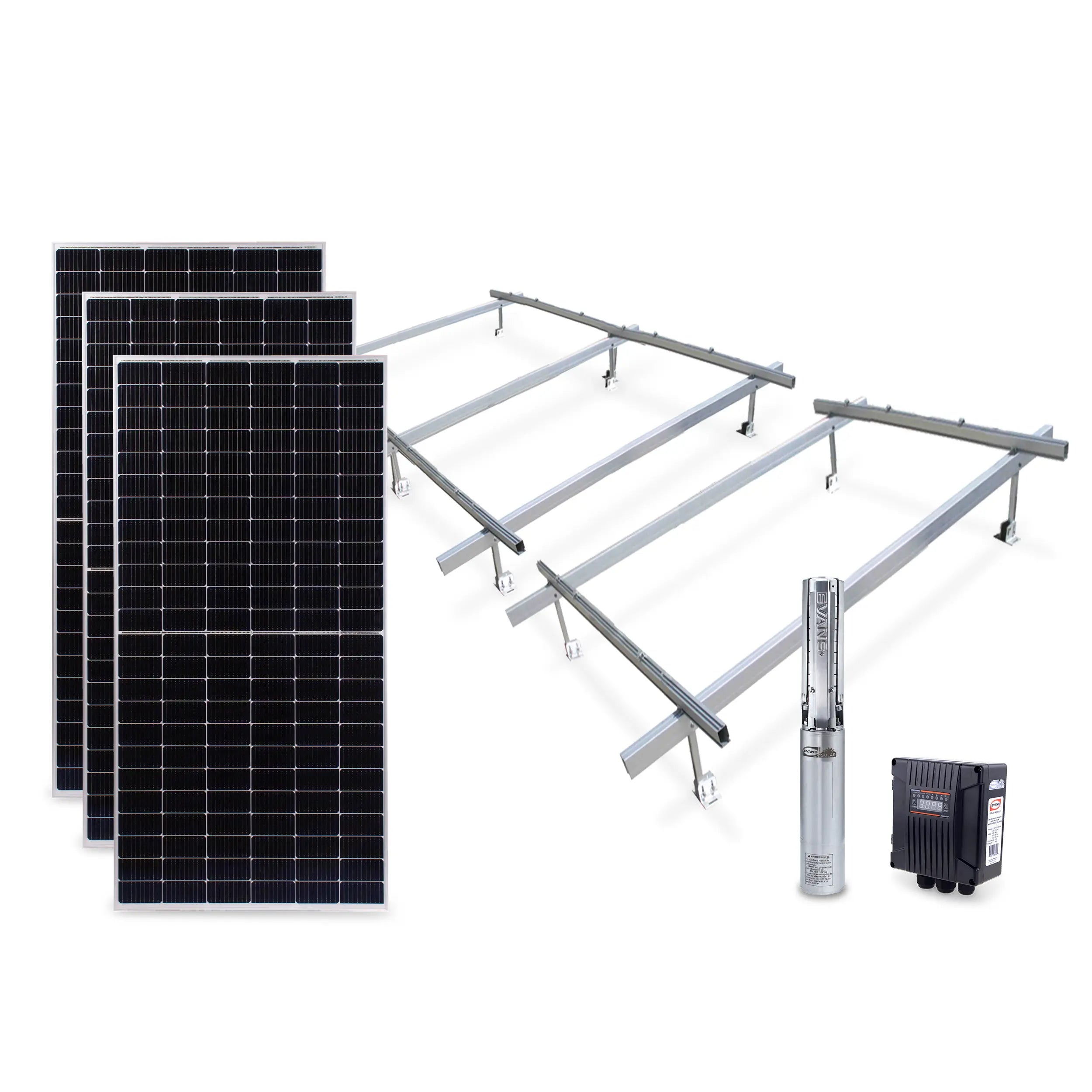 KIT SOLAR 3/4 HP 55L Panel 375W 60/150 V Marca EVANS. Modelo: KIT-SOLAR-3/4
