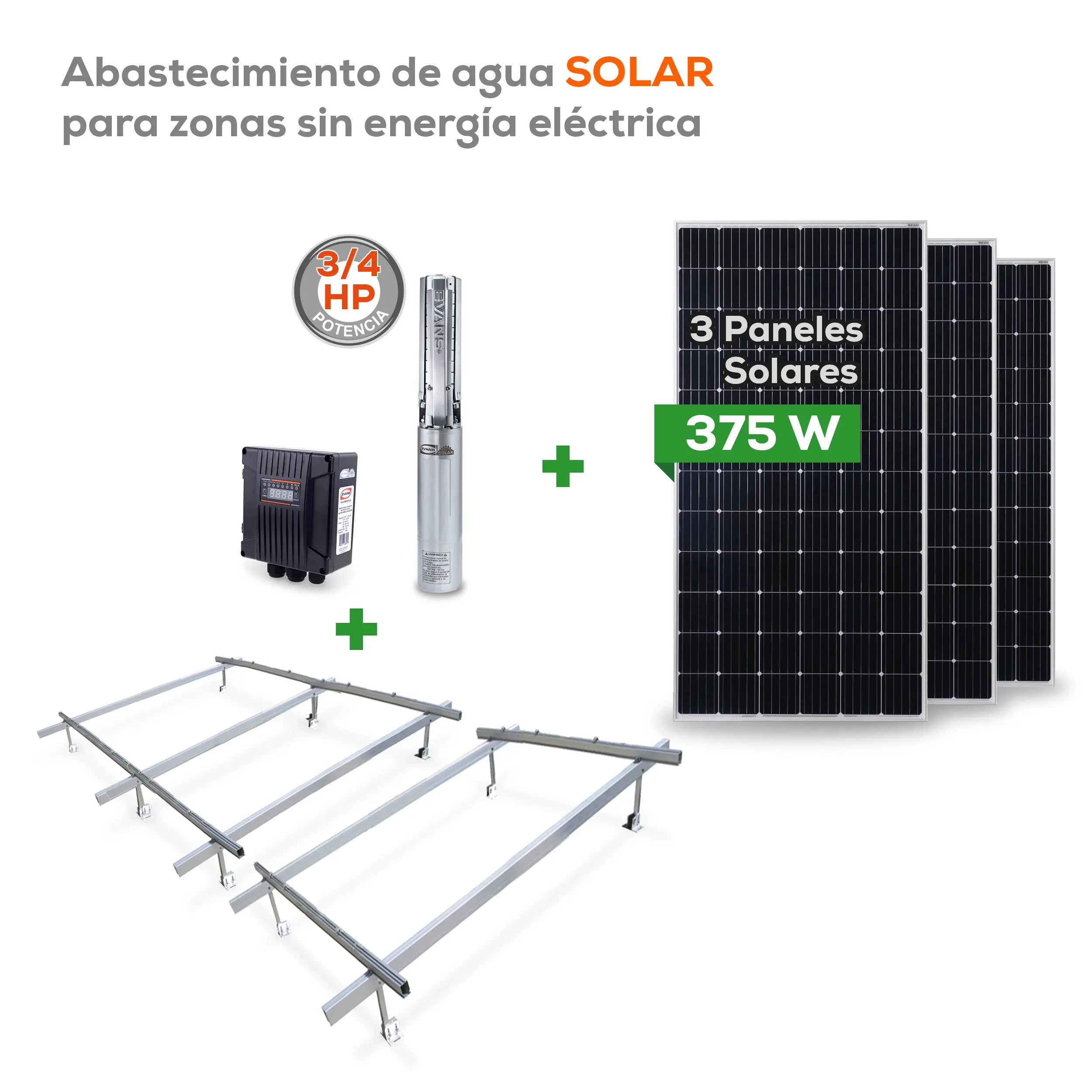 KIT SOLAR 3/4 HP 55L Panel 375W 60/150 V Marca EVANS. Modelo: KIT-SOLAR-3/4