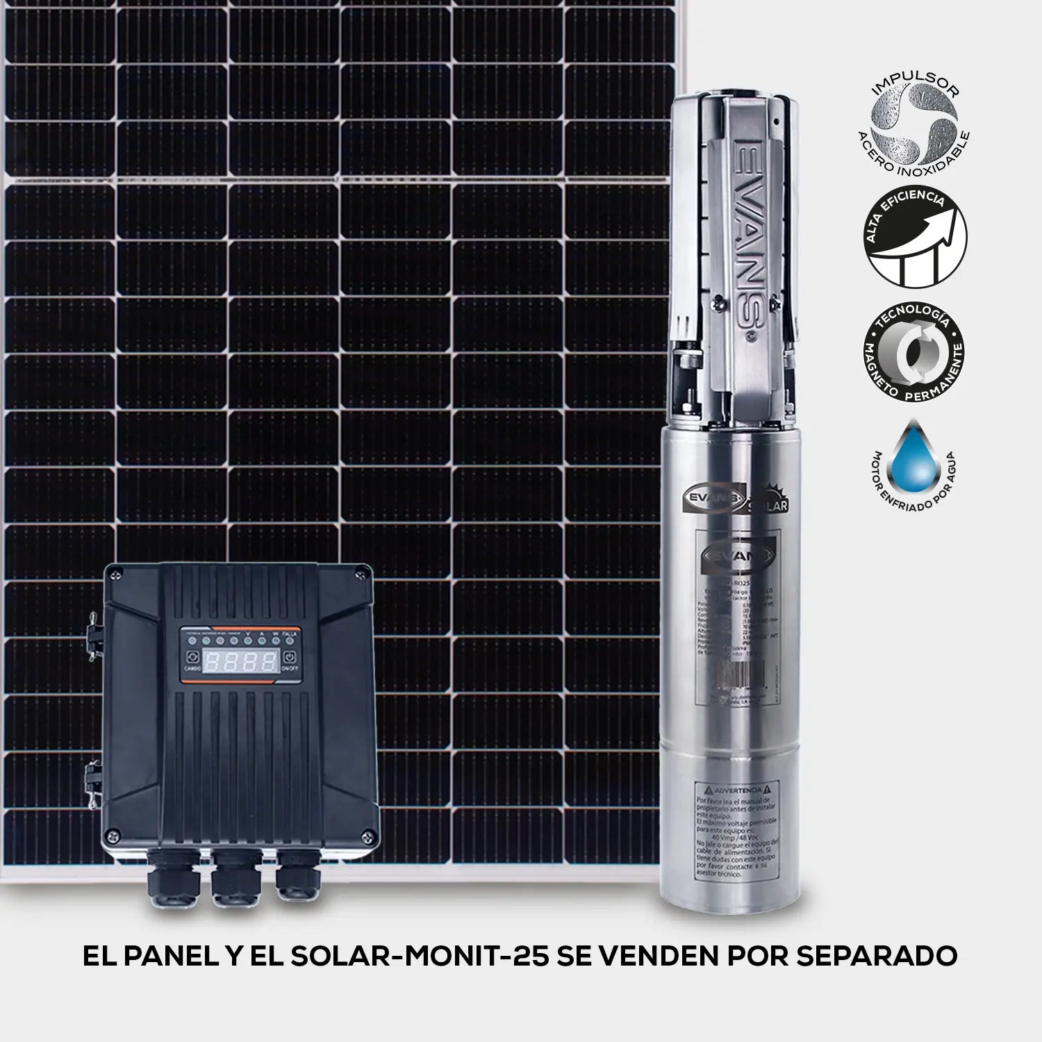 Bomba de 1 panel solar 1/4 Hp 20/48 V Marca EVANS. Modelo: SOLAR025-35L