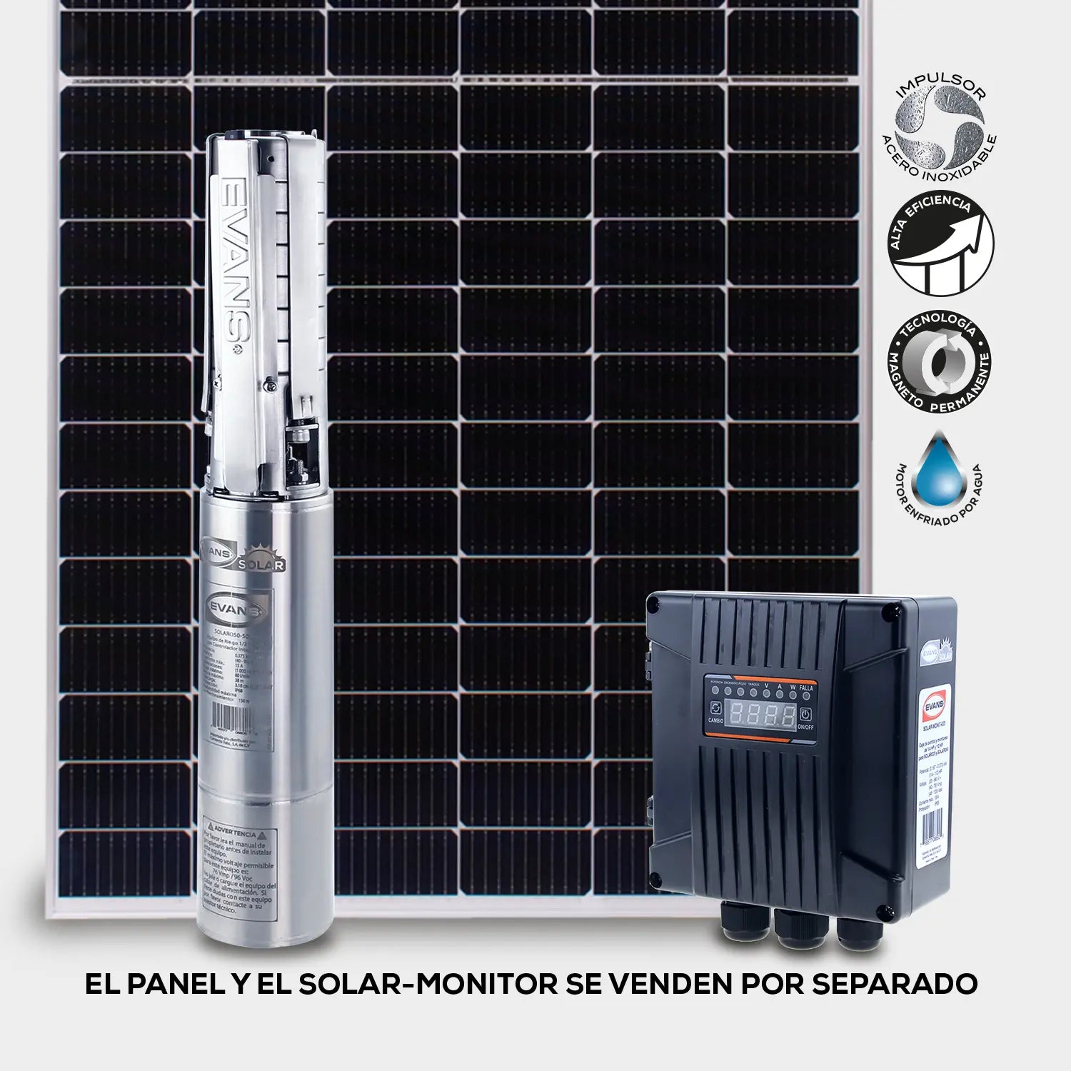 Bomba 2 paneles solares 1/2 Hp 40/96 V Marca EVANS. Modelo: SOLAR050-50L