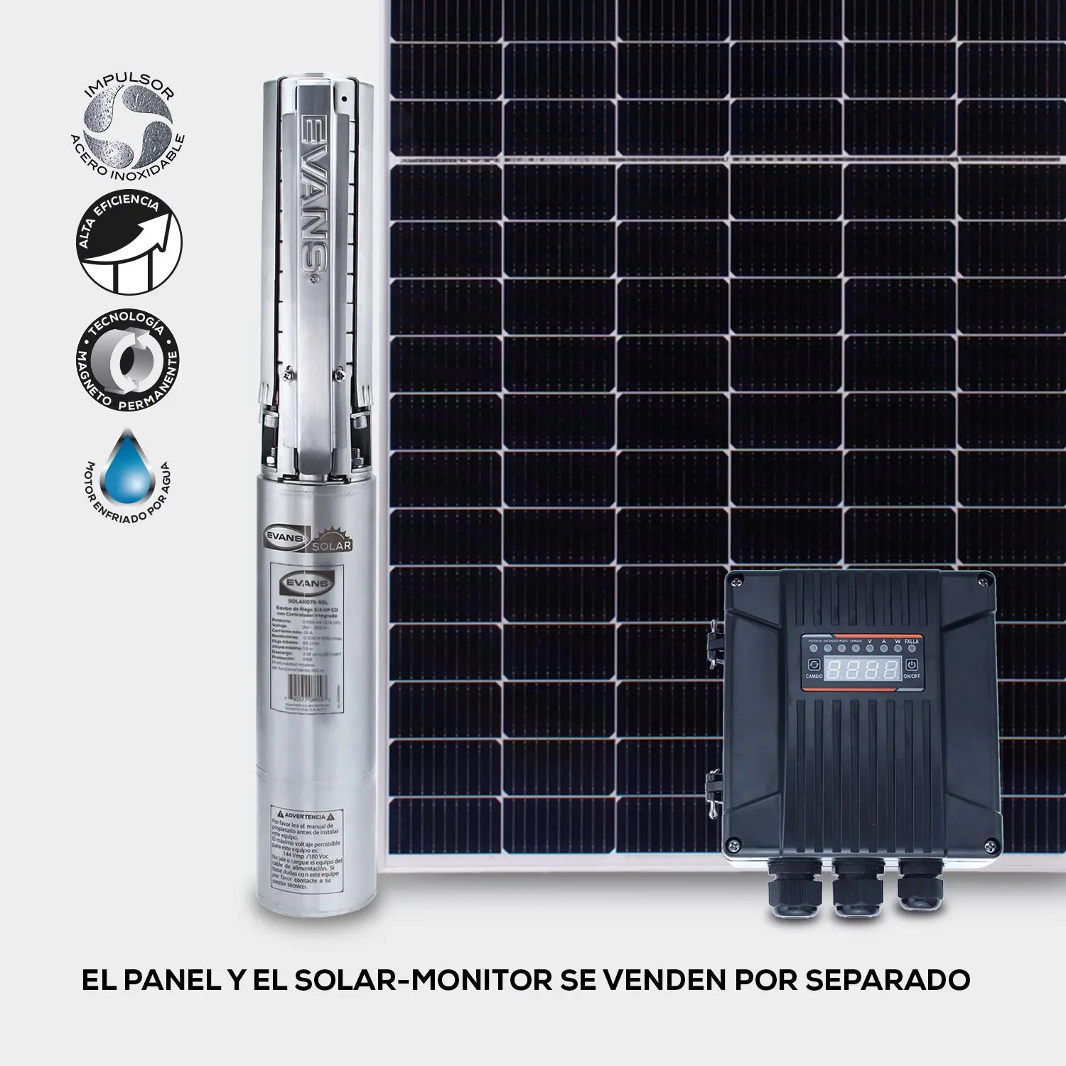 Bomba 3 paneles solares 3/4 Hp 60/150 V Marca EVANS. Modelo: SOLAR075-55L