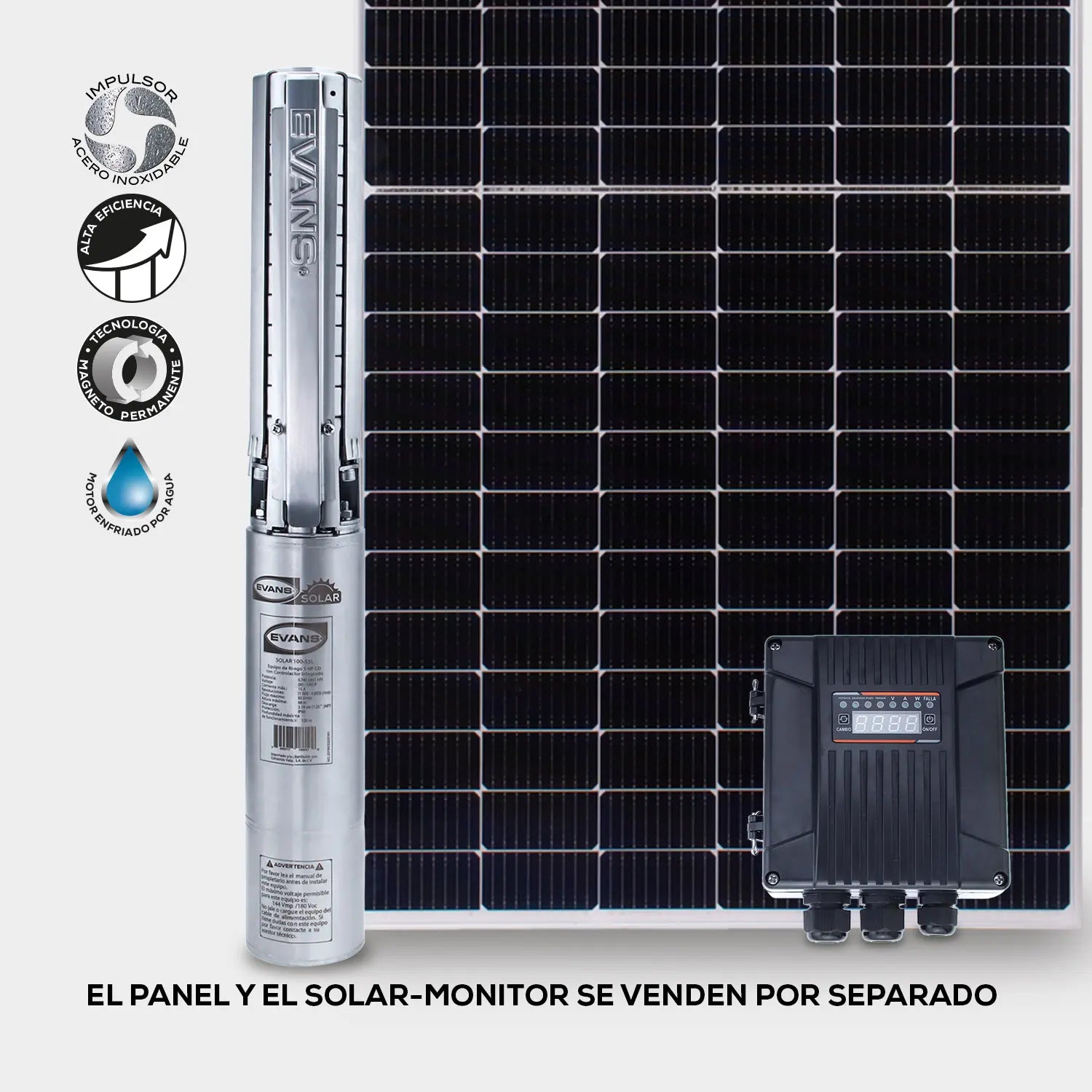 Bomba 4 paneles solares 1 Hp 80/180 V Marca EVANS. Modelo: SOLAR100-55L