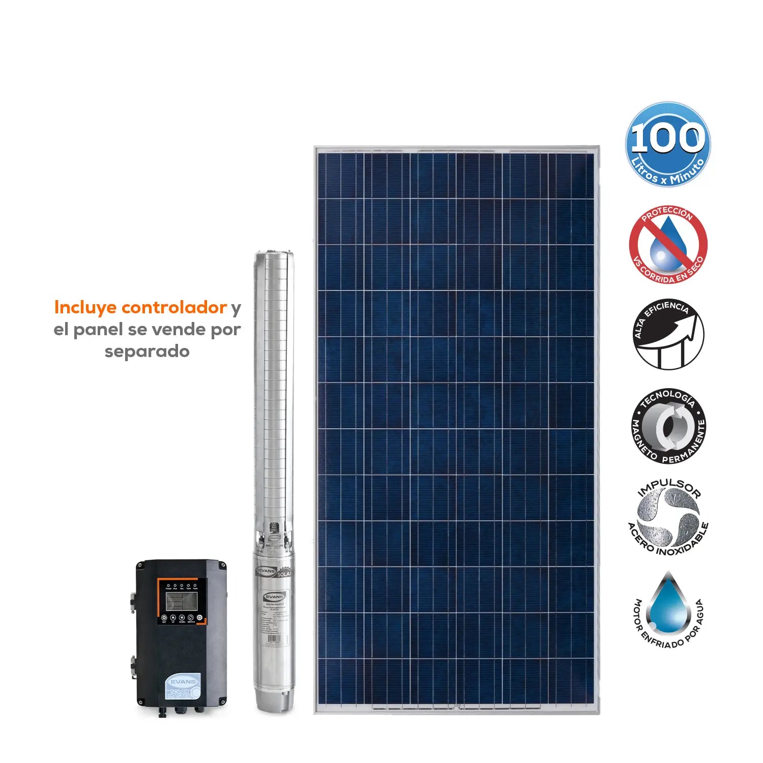 Bomba Solar 5 Hp 100 lpm 90/360 V Marca EVANS. Modelo: SOLAR-MASTER100