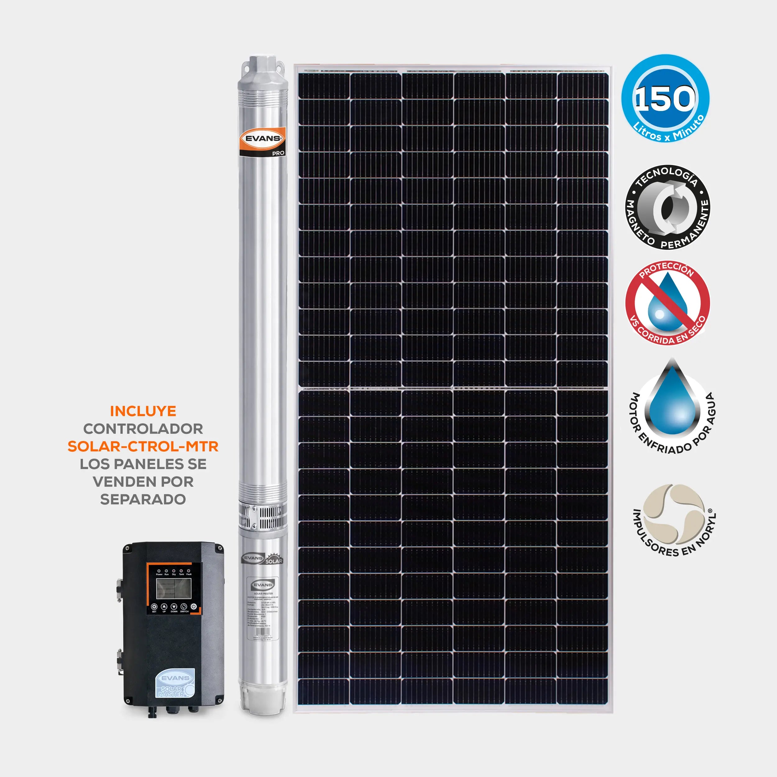Bomba Solar 5 Hp 150 lpm 90/360 V Marca EVANS. Modelo: SOLAR-MASTER150