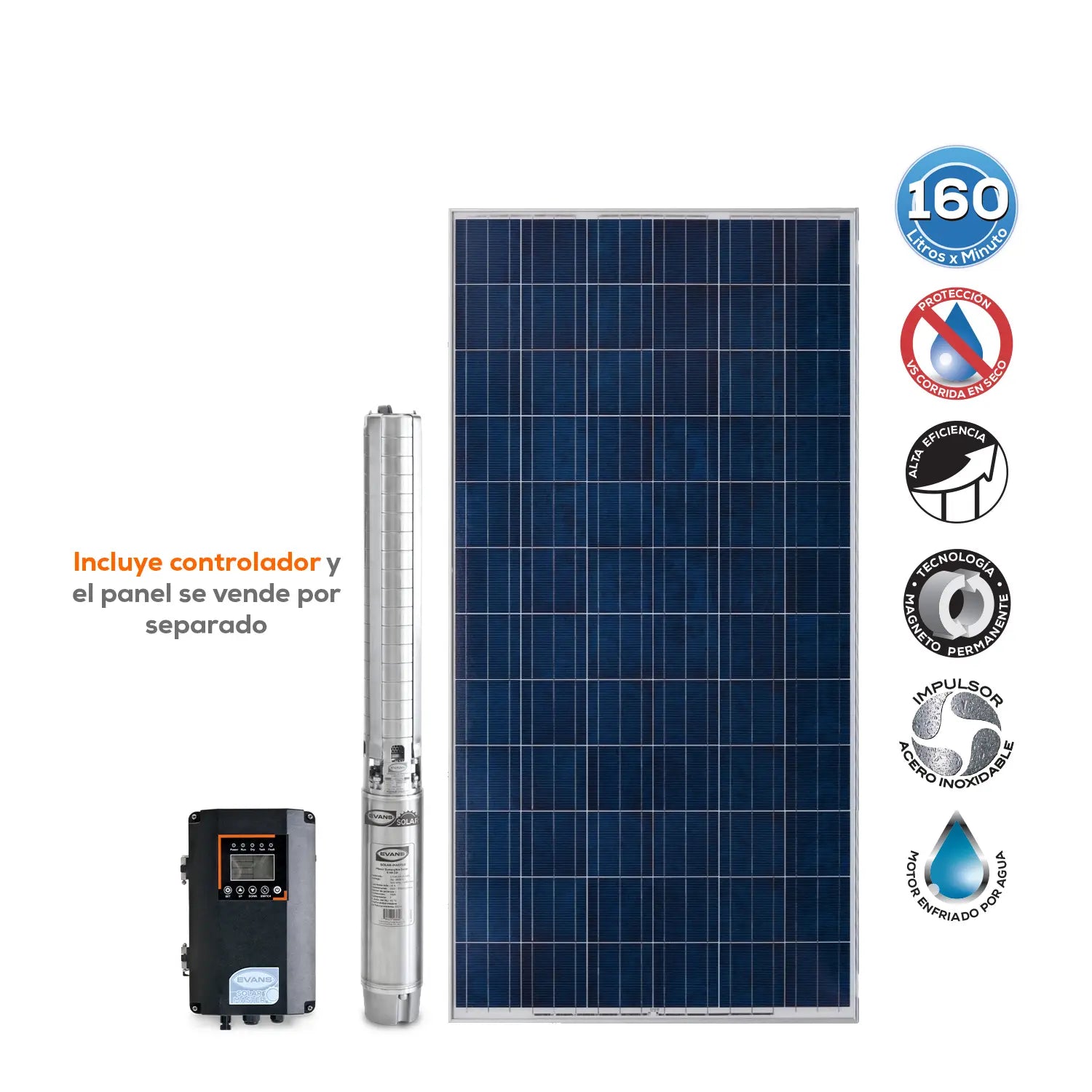 Bomba Solar 5 Hp 160 lpm 90/360 V Marca EVANS. Modelo: SOLAR-MASTER160
