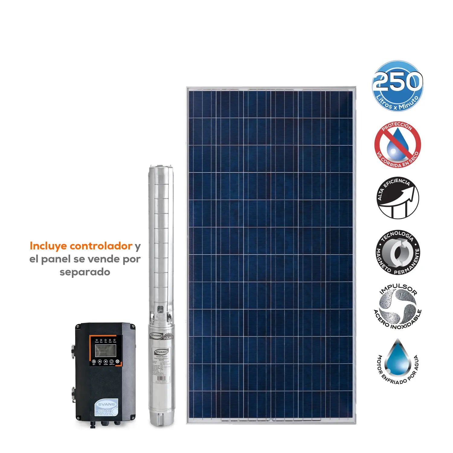 Bomba Solar 5 Hp 250 lpm 90/360 V Marca EVANS. Modelo: SOLAR-MASTER250
