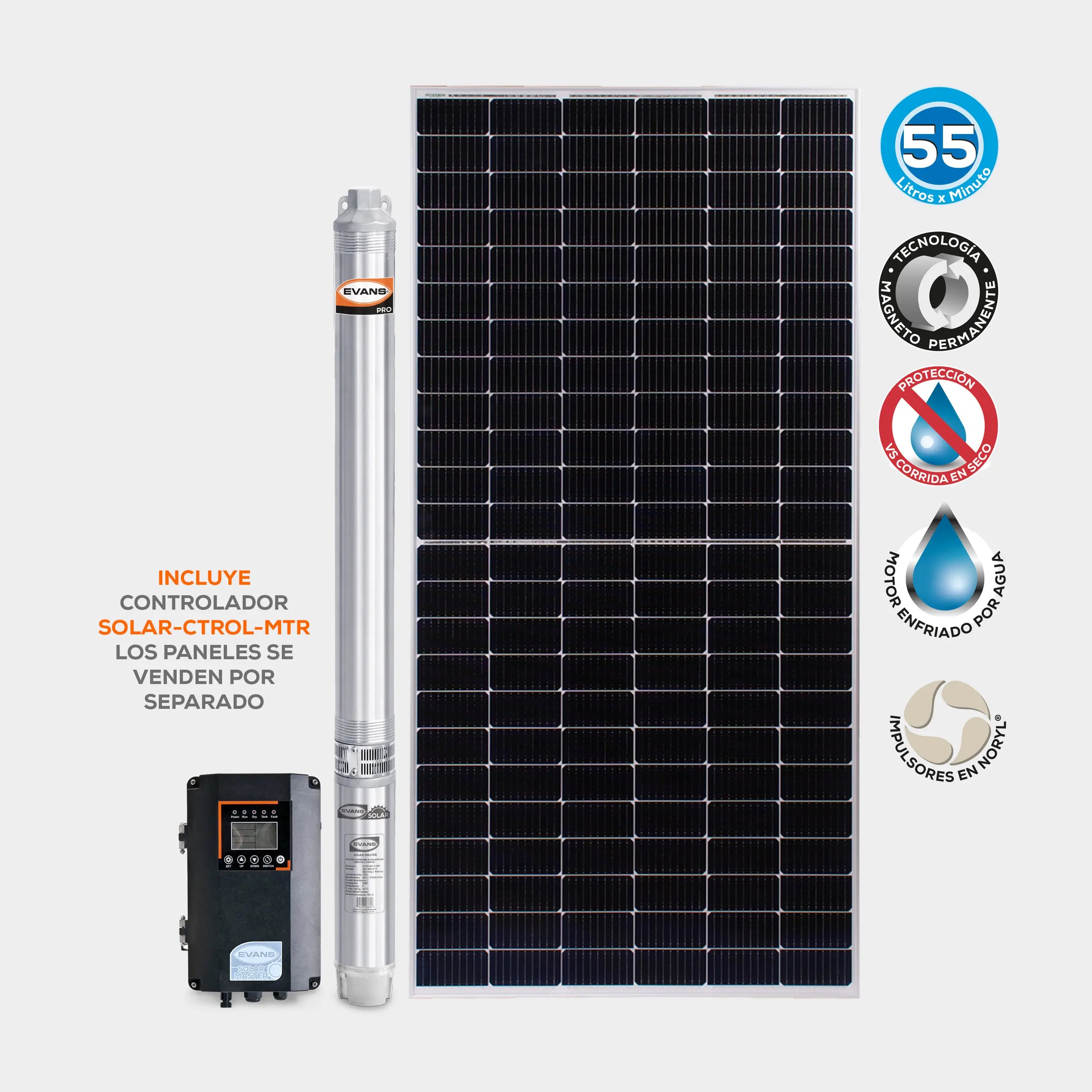 Bomba Solar 5 Hp 55 lpm 90/360 V Marca EVANS. Modelo: SOLAR-MASTER55