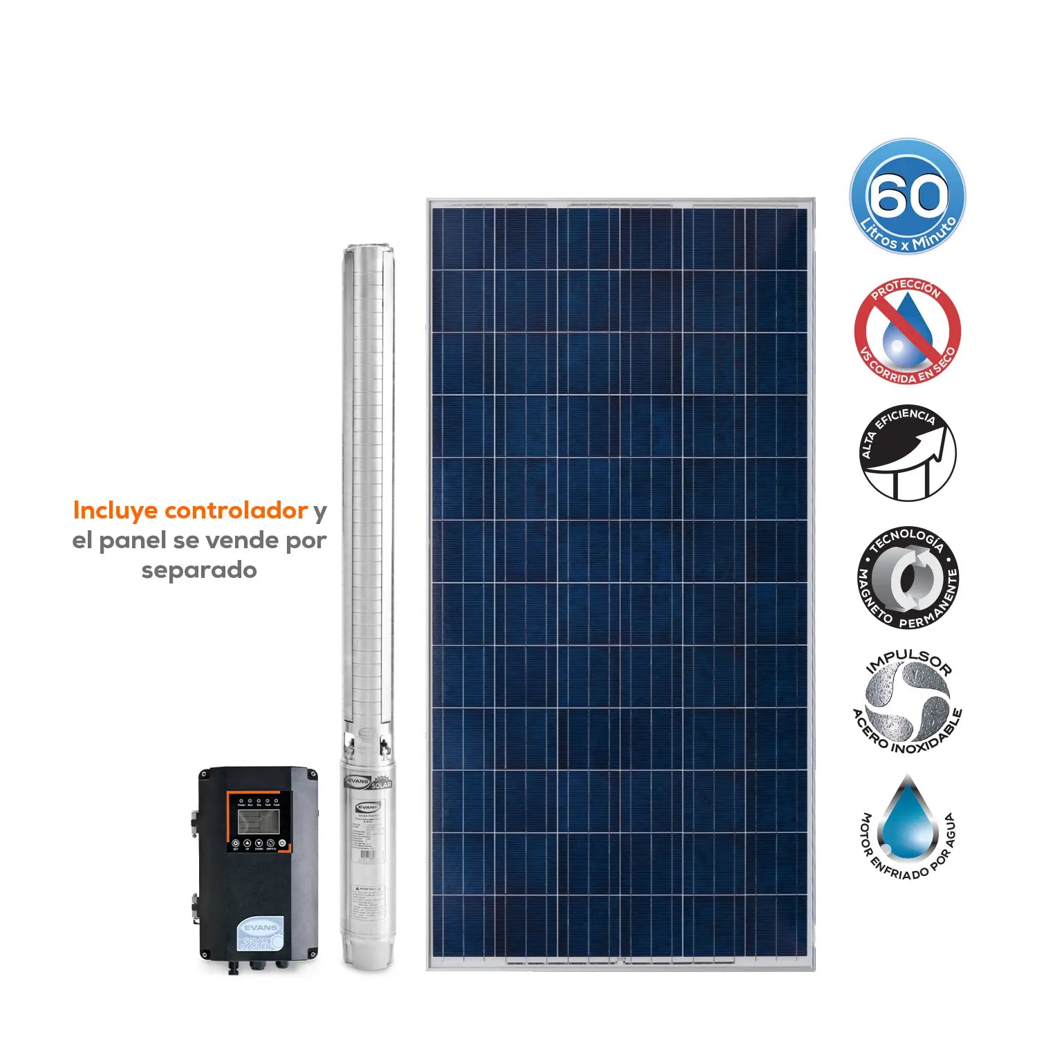 Bomba Solar 5 Hp 60 lpm 90/360 V Marca EVANS. Modelo: SOLAR-MASTER60