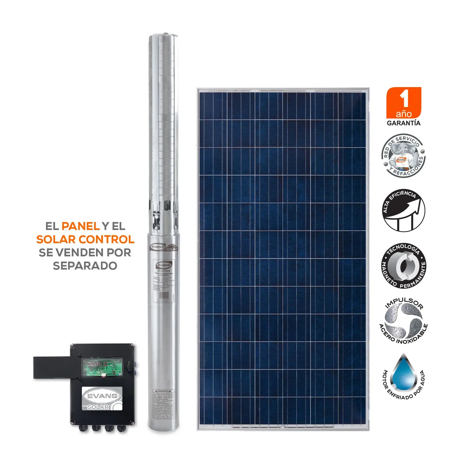 Bomba Solar 3 Hp 100 lpm a 75 m 90/220/90/360 V 2 Marca EVANS. Modelo: SOLAR-POWER-100
