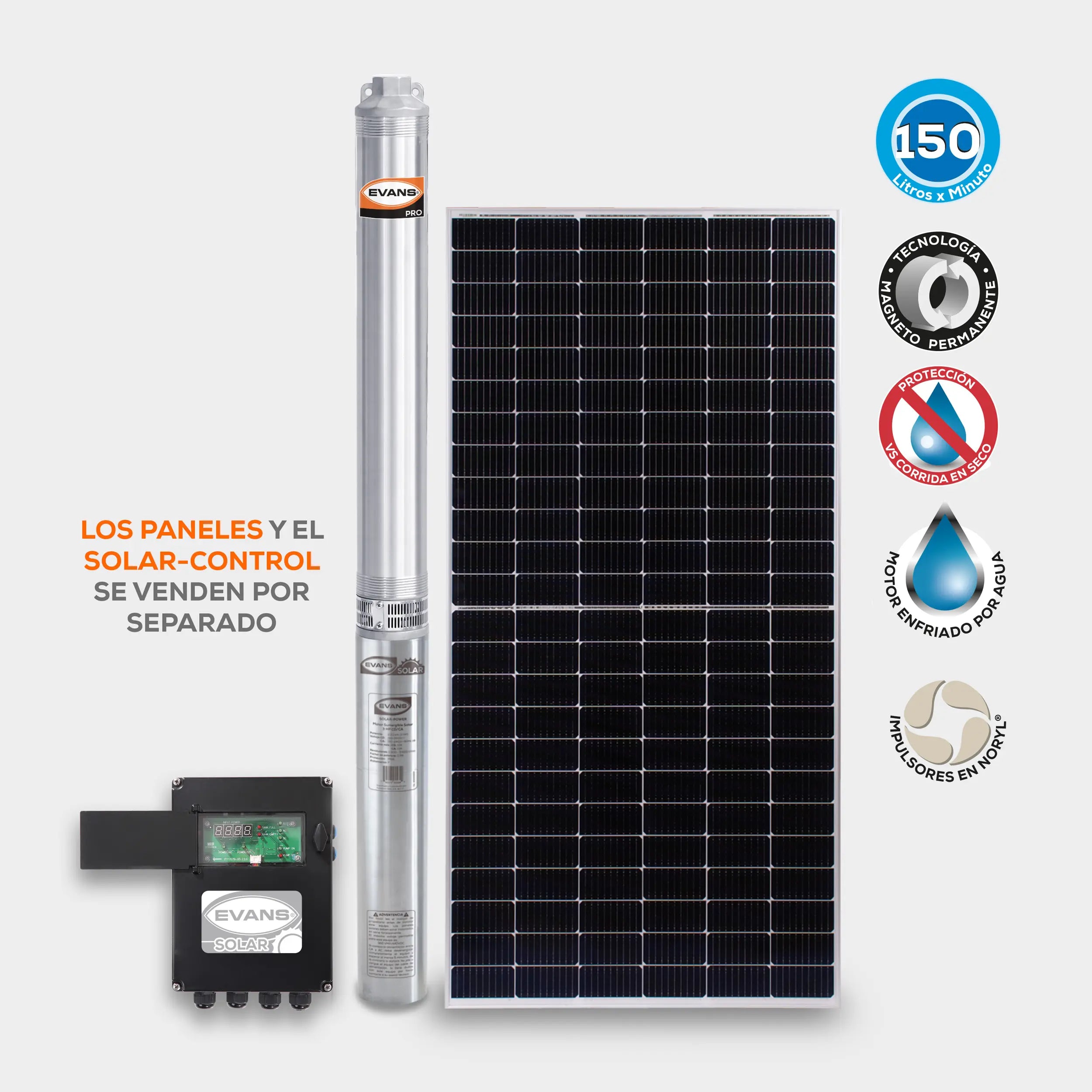 Bomba Solar 3 Hp 150 lpm 90/220/90/360 V 2 Marca EVANS. Modelo: SOLAR-POWER-150