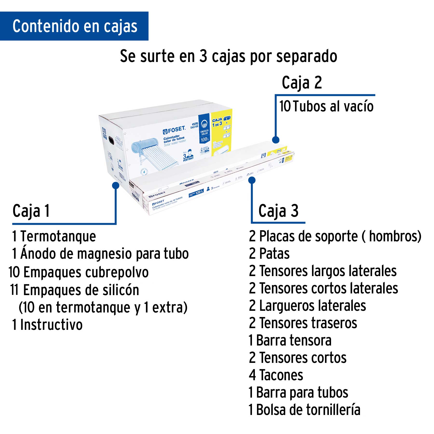 Calentador solar de agua 10 tubos, 120L, 3 personas, FOSET. Modelo: CALE-10S