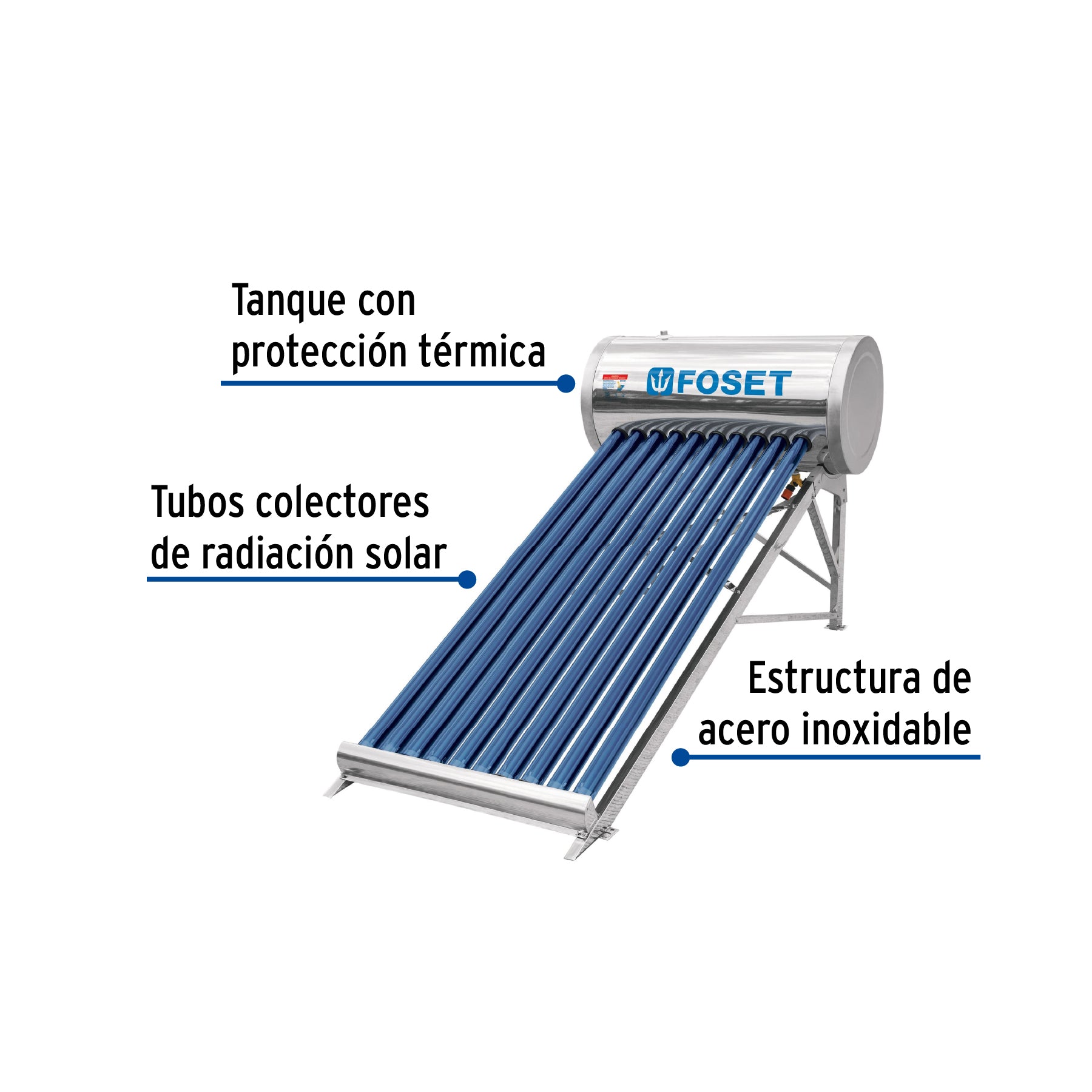 Calentador solar de agua 10 tubos, 120L, 3 personas, FOSET. Modelo: CALE-10S