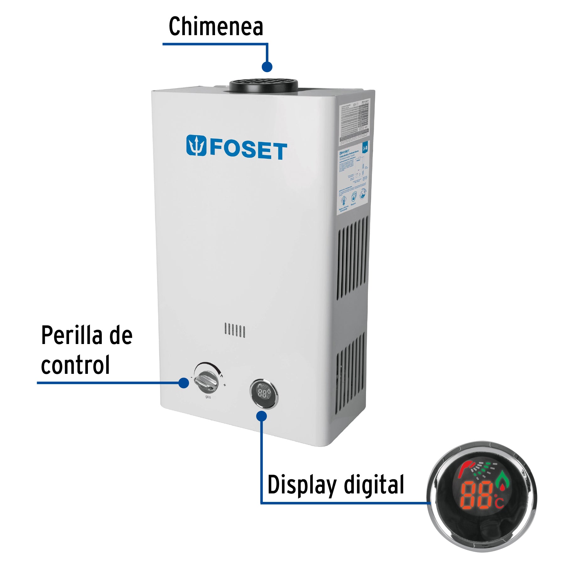 Calentador instantáneo, 11L, 2 servicios, gas LP, FOSET. Modelo: CALE-11I
