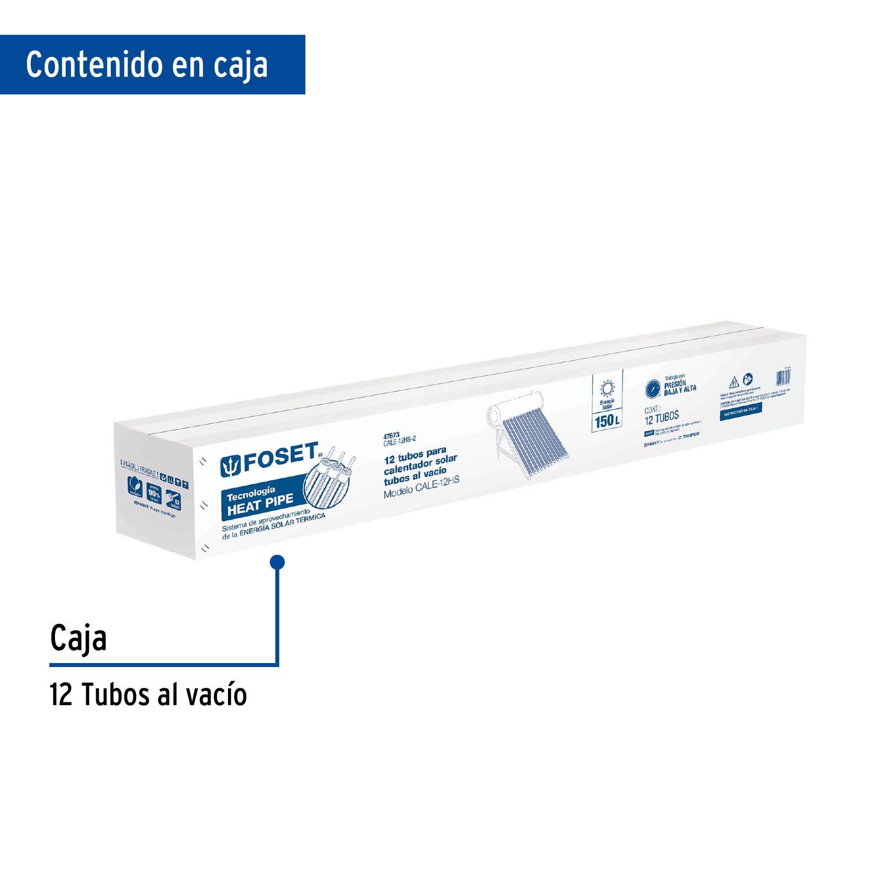 Caja c/12 tubos HeatPipe p/calentador solar CALE-12HS, FOSET. Modelo: CALE-12HS-2