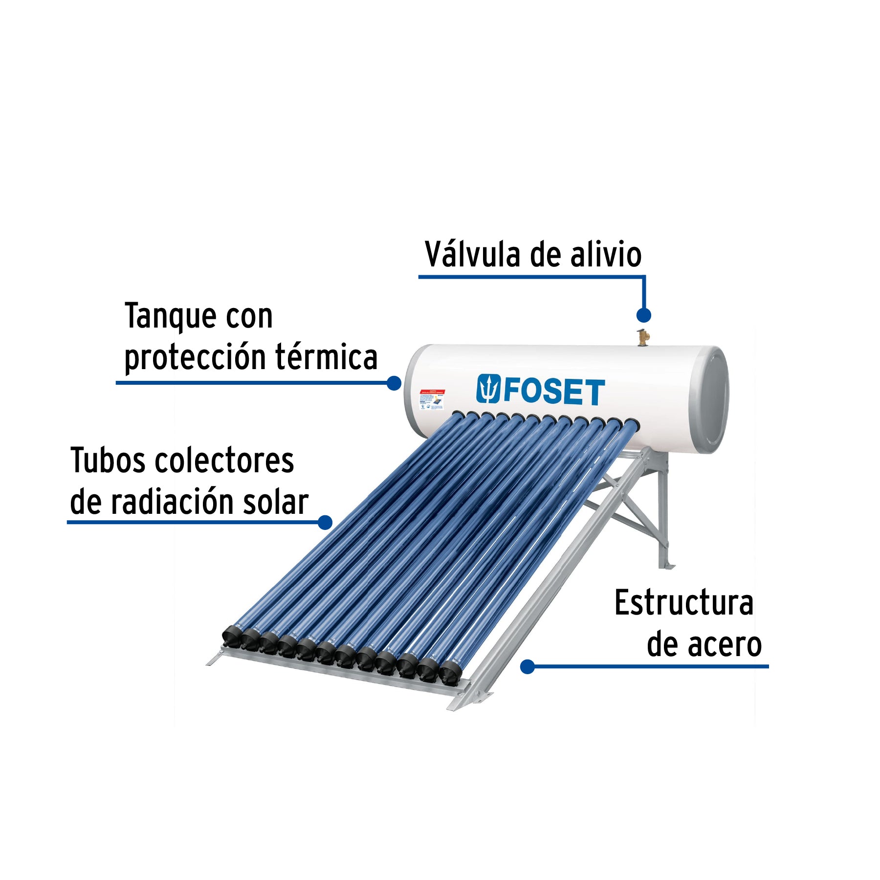 Calentador solar HeatPipe, 12 tubos, 150L, 4 personas, FOSET. Modelo: CALE-12HS