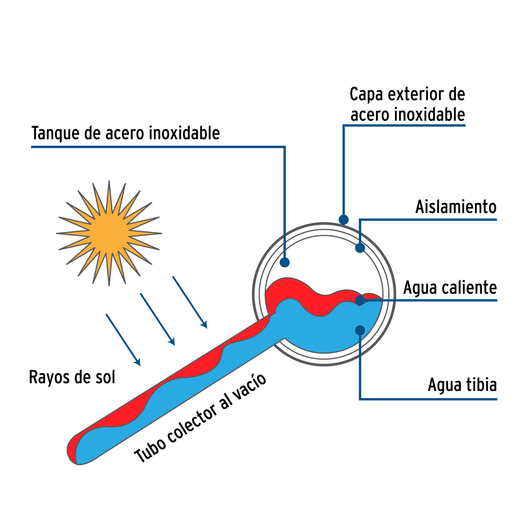 Calentador solar de agua, 12 tubos, 150L, 4 personas, FOSET. Modelo: CALE-12S