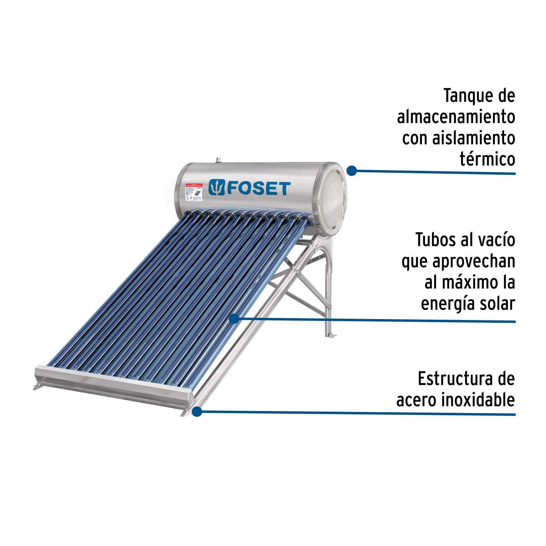 Calentador solar de agua, 12 tubos, 150L, 4 personas, FOSET. Modelo: CALE-12S