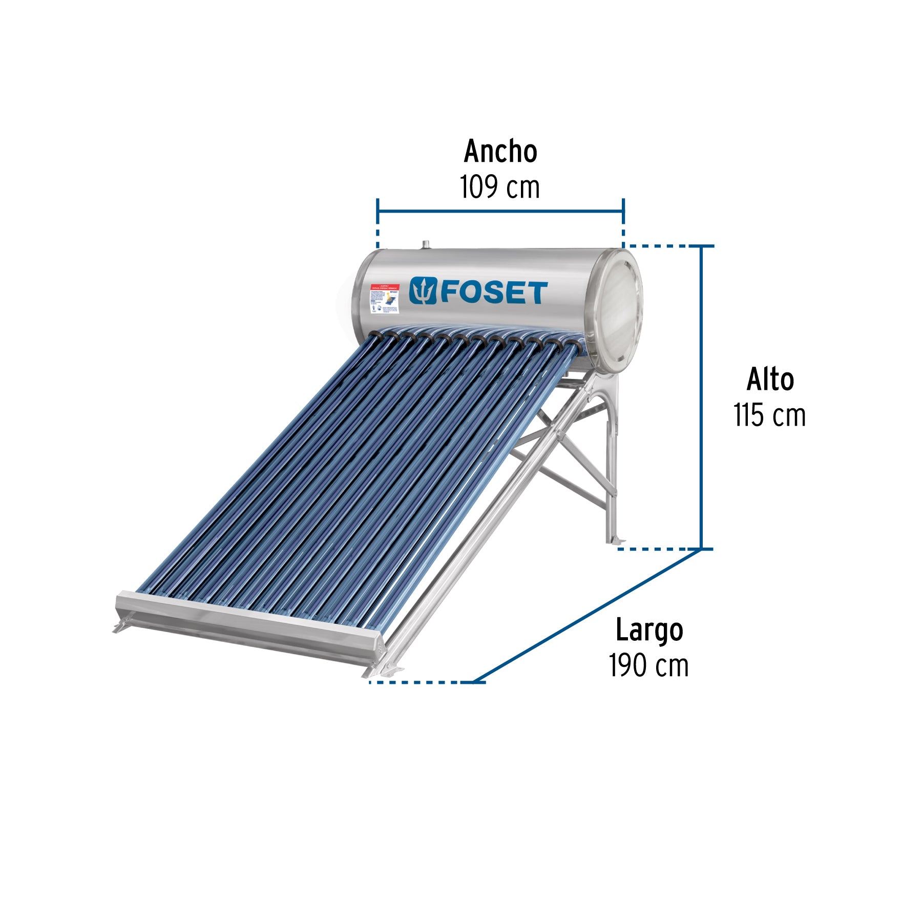Calentador solar de agua, 12 tubos, 150L, 4 personas, FOSET. Modelo: CALE-12S