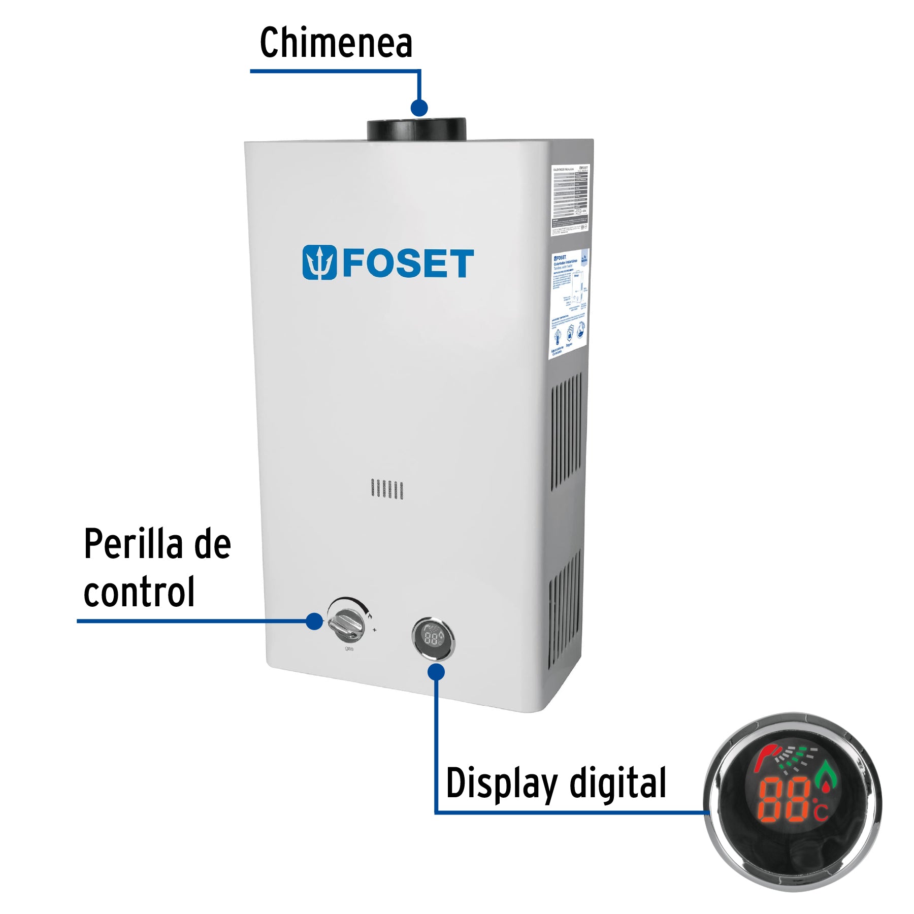 Calentador instantáneo, 13L, 3 servicios, gas natural, FOSET. Modelo: CALE-13I-N