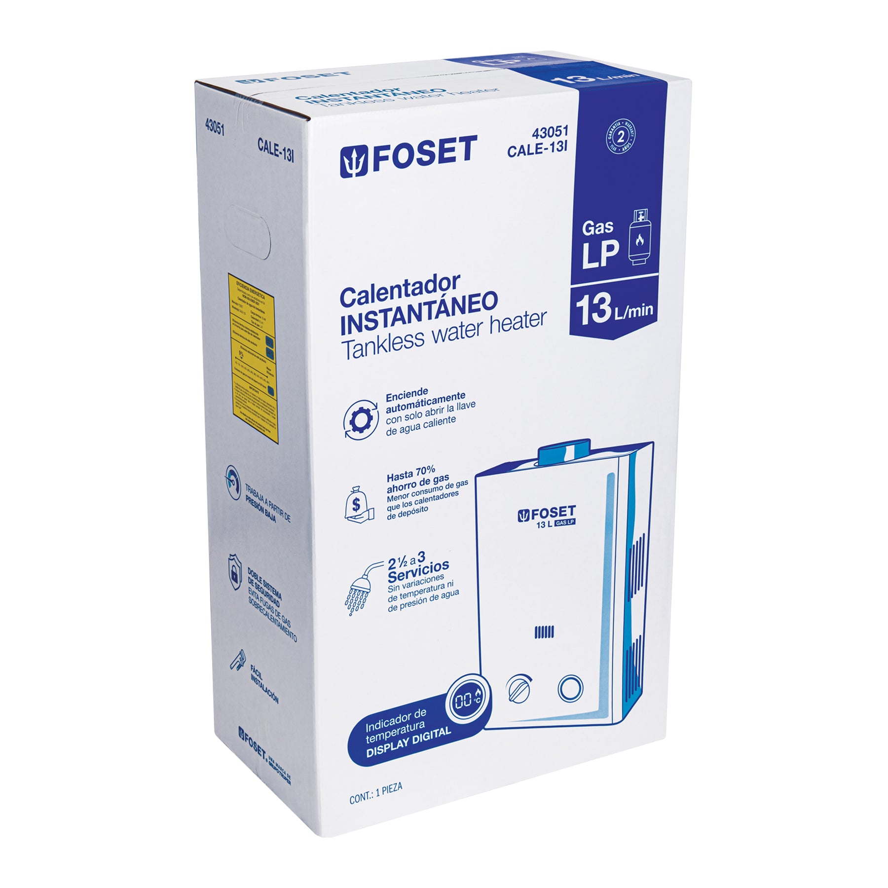 Calentador instantáneo, 13L, 3 servicios, gas LP, FOSET. Modelo: CALE-13I