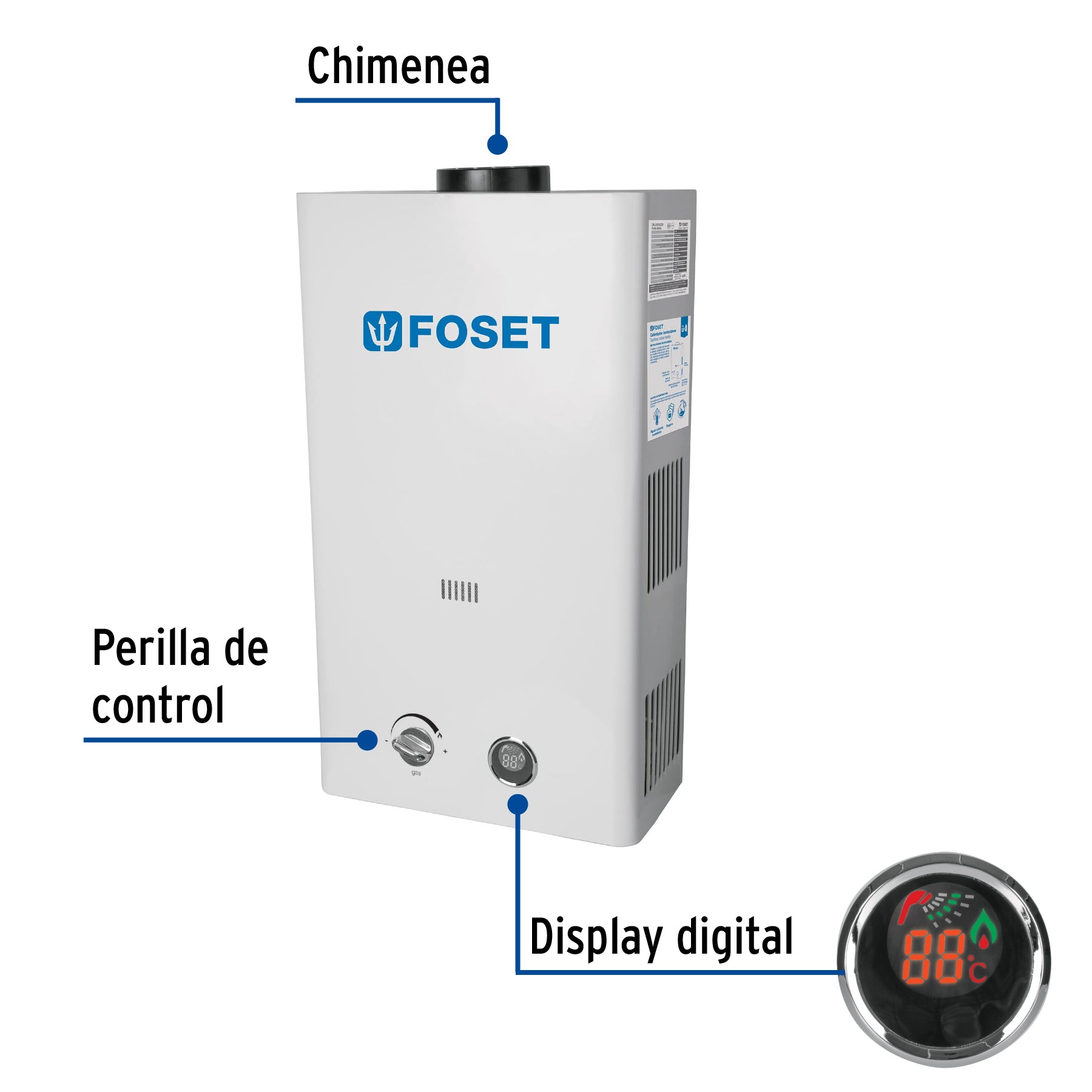 Calentador instantáneo, 13L, 3 servicios, gas LP, FOSET. Modelo: CALE-13I