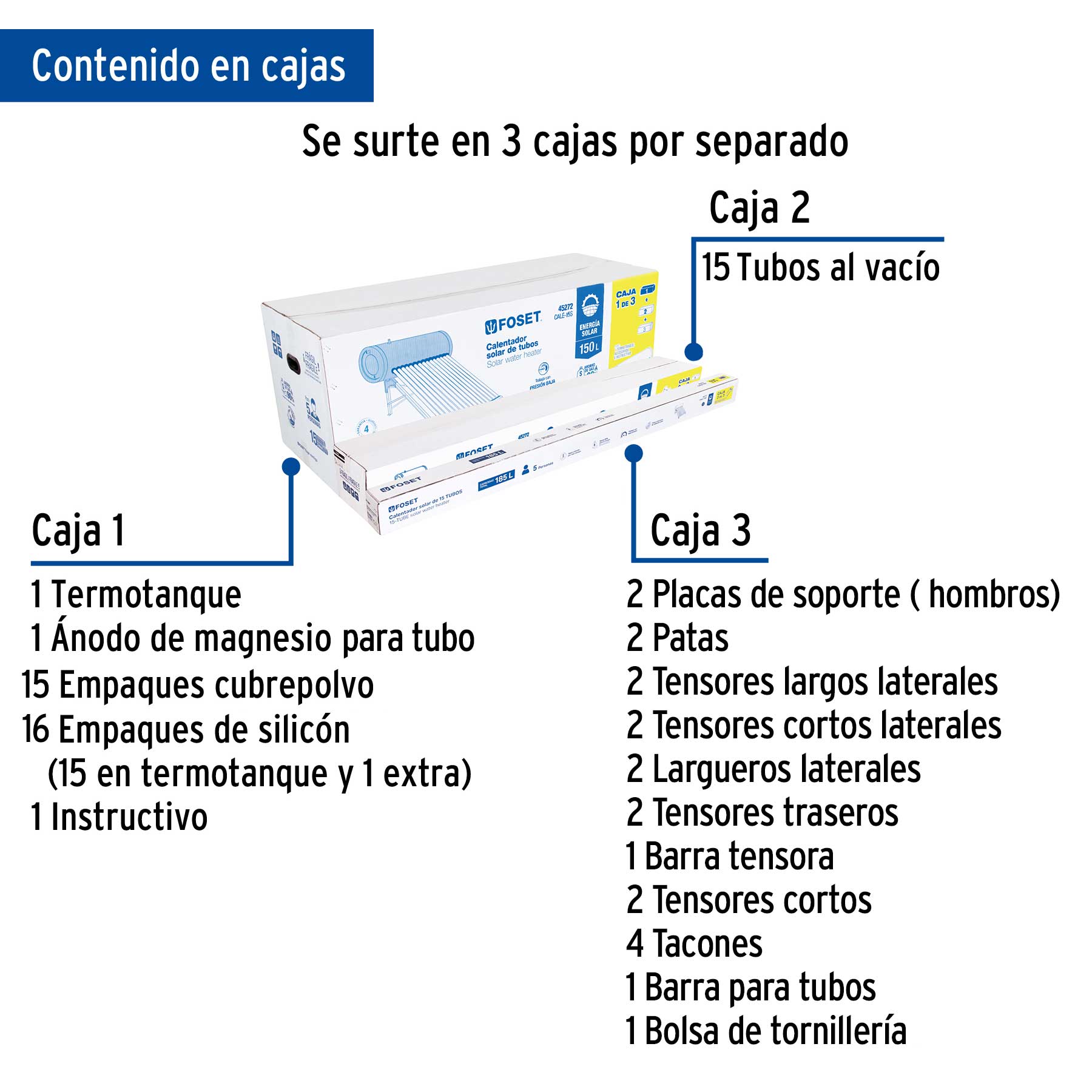 Calentador solar de agua, 15 tubos, 185 L, 5 personas, FOSET. Modelo: CALE-15S
