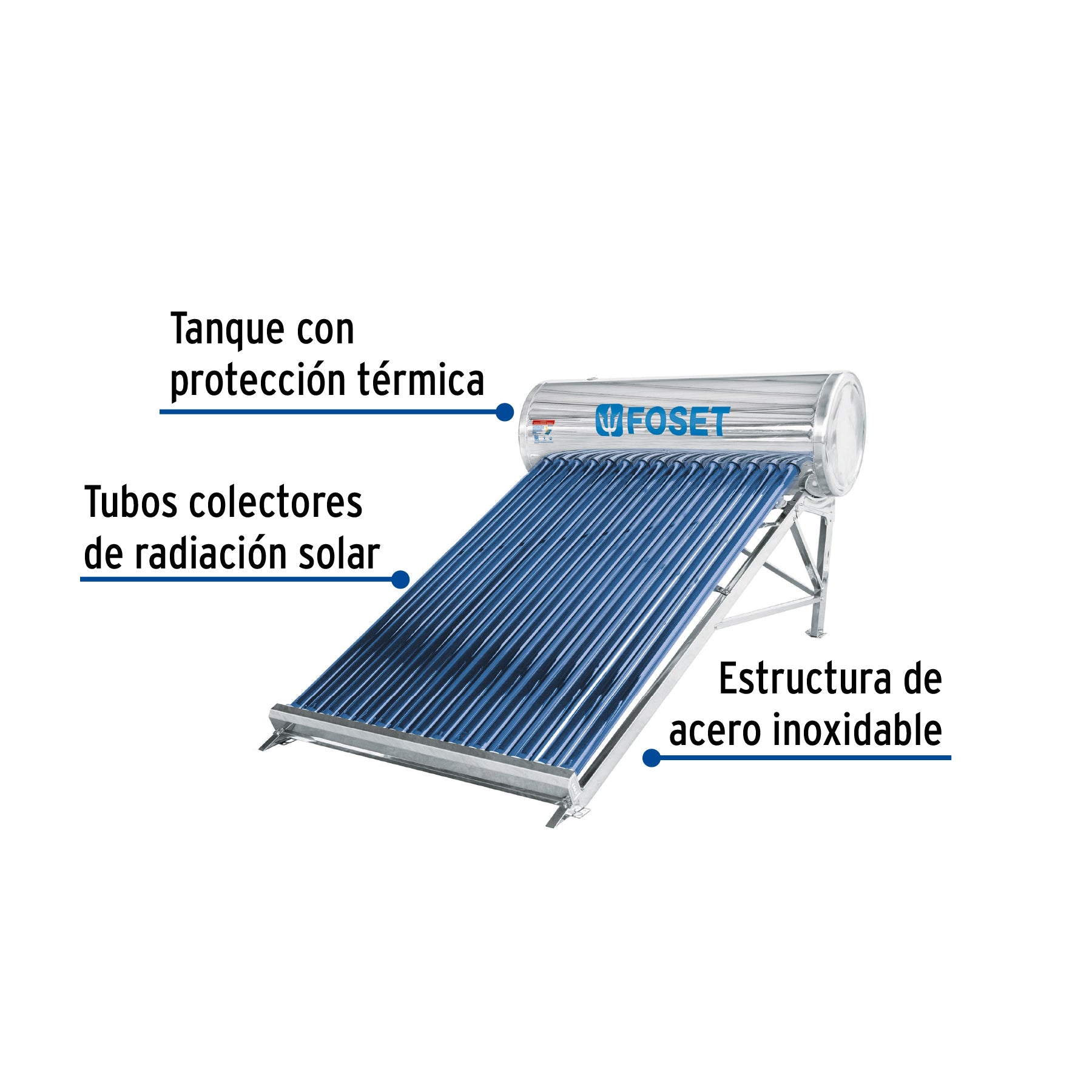 Calentador solar de agua, 15 tubos, 185 L, 5 personas, FOSET. Modelo: CALE-15S
