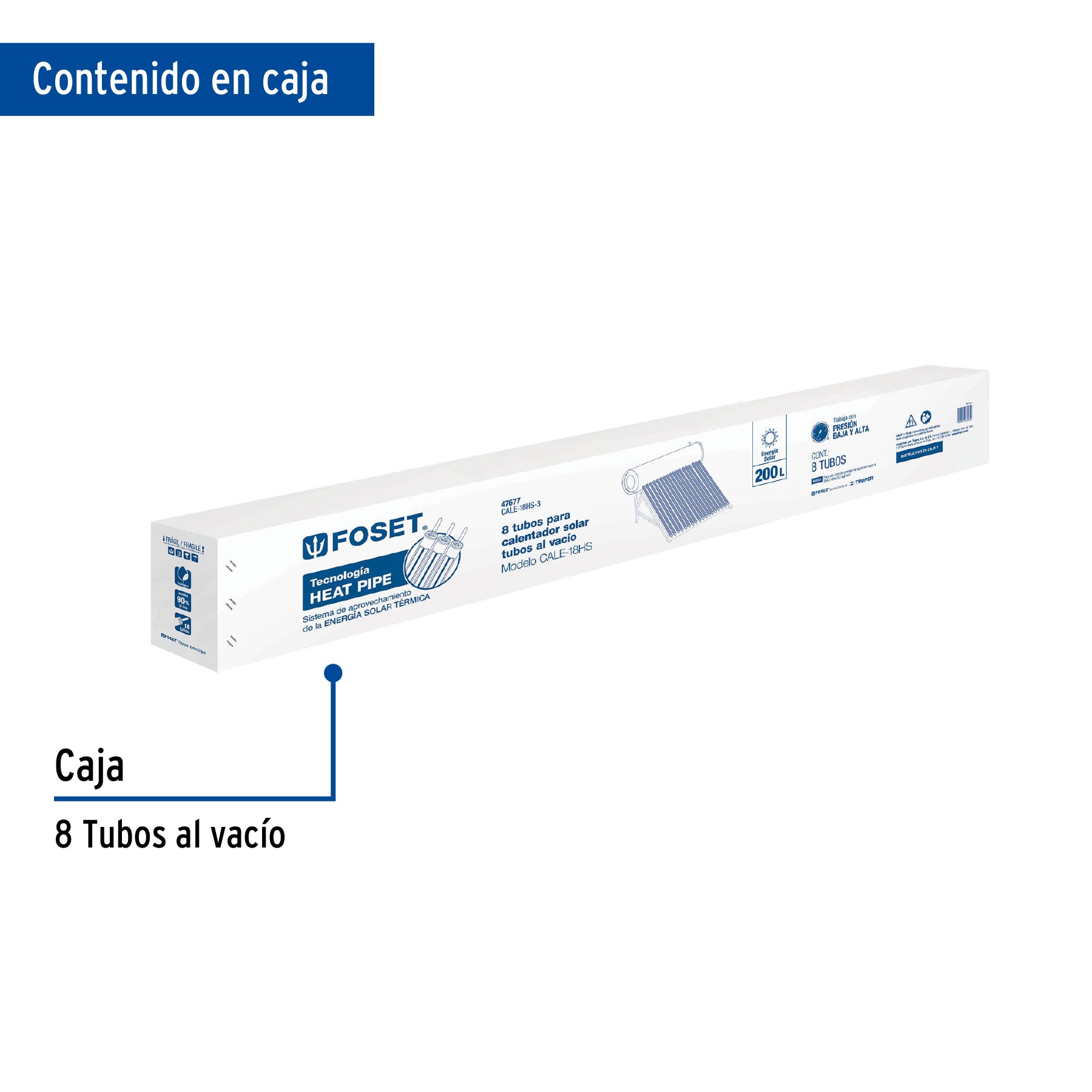 Caja c/8 tubos HeatPipe p/calentador solar CALE-18HS, FOSET. Modelo: CALE-18HS-3