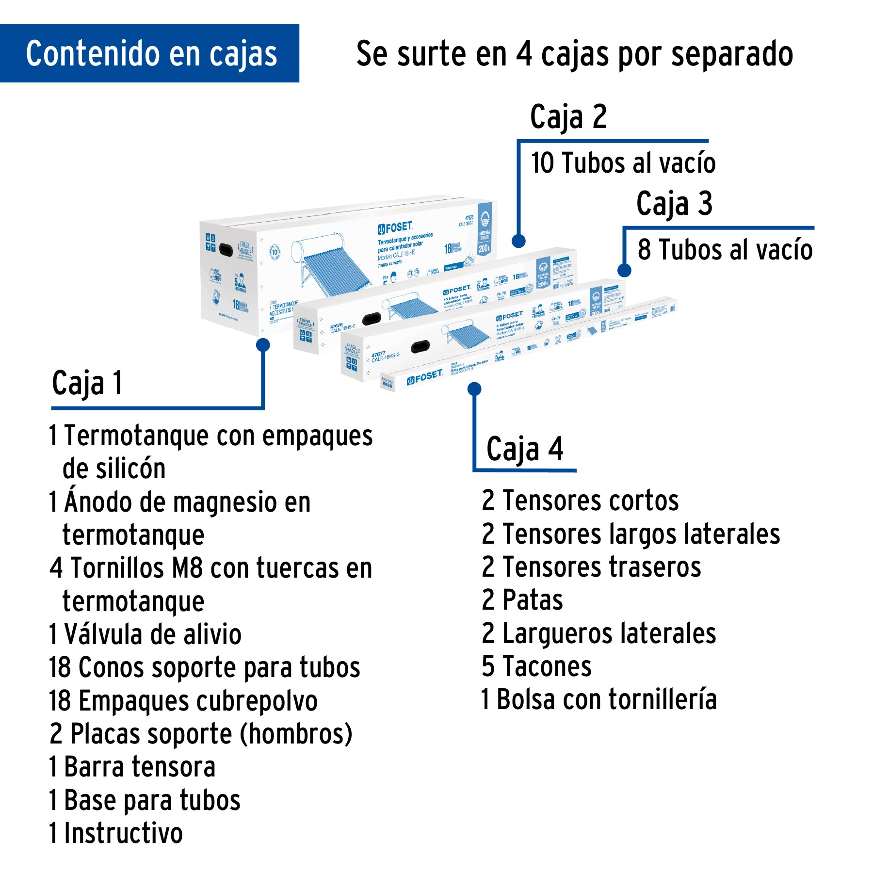 Calentador solar HeatPipe, 18 tubos, 200L, 5 personas, FOSET. Modelo: CALE-18HS