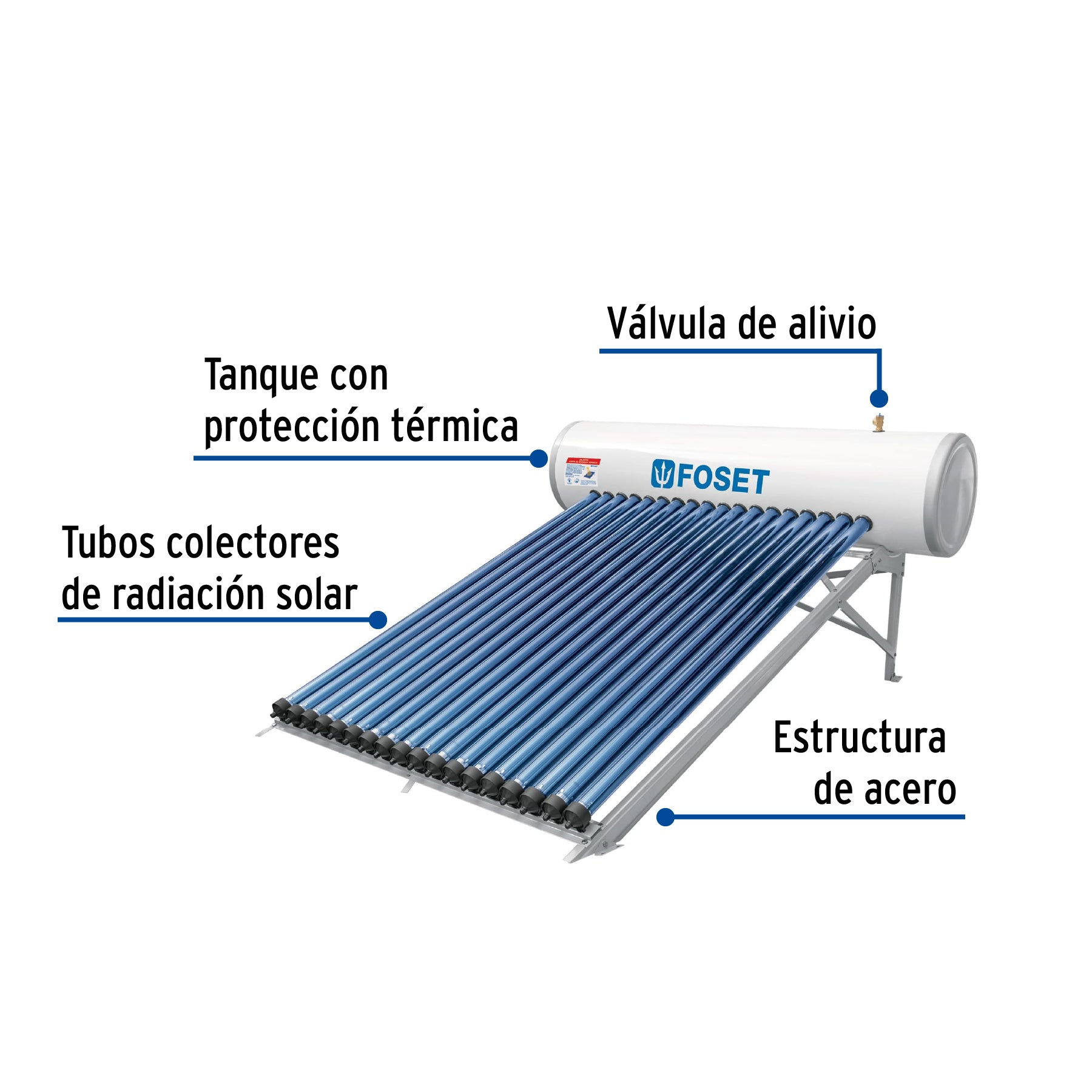 Calentador solar HeatPipe, 18 tubos, 200L, 5 personas, FOSET. Modelo: CALE-18HS