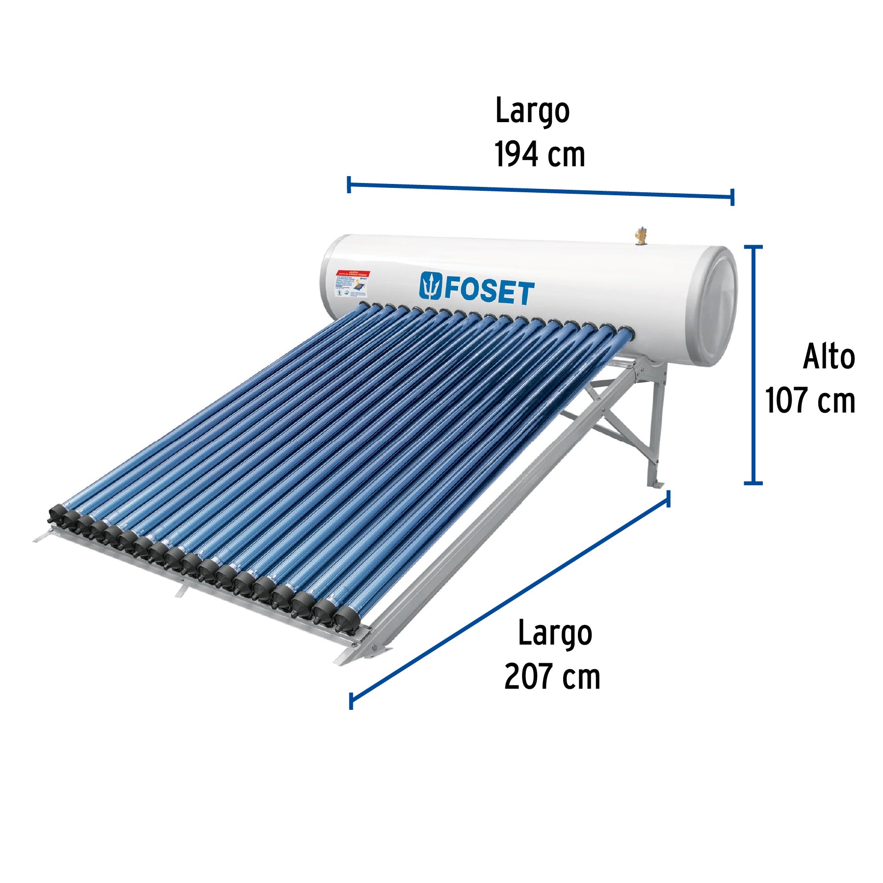 Calentador solar HeatPipe, 18 tubos, 200L, 5 personas, FOSET. Modelo: CALE-18HS