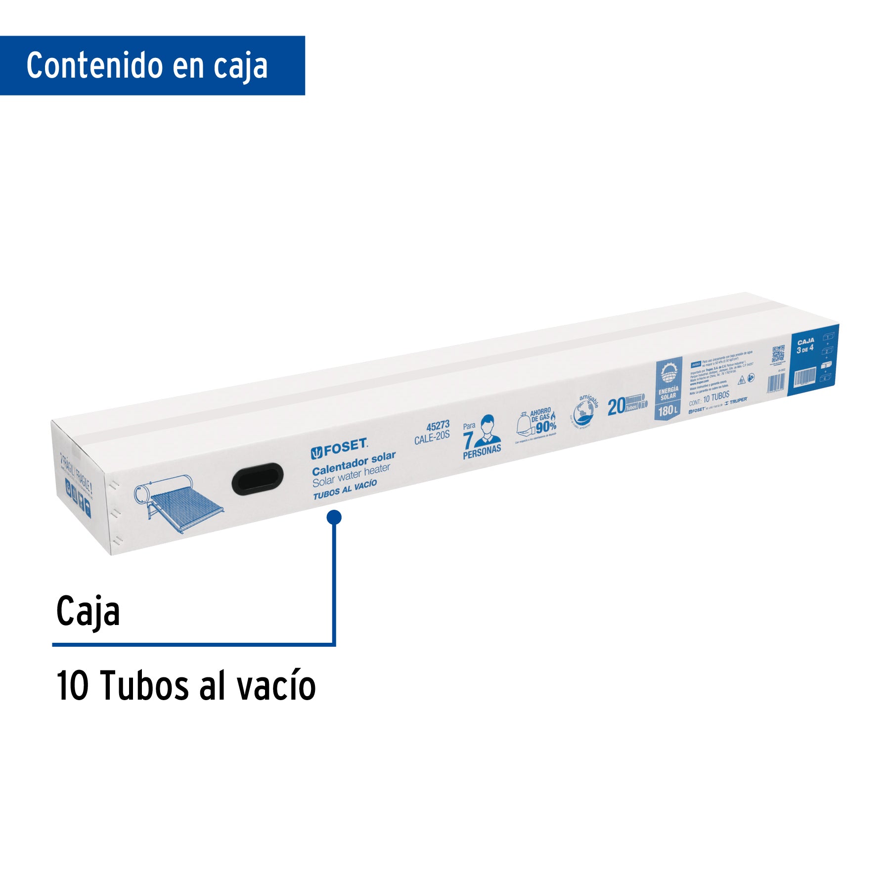Caja c/10 tubos p/calentador solar CALE-20S, 1 de 2, FOSET. Modelo: CALE-20S-2