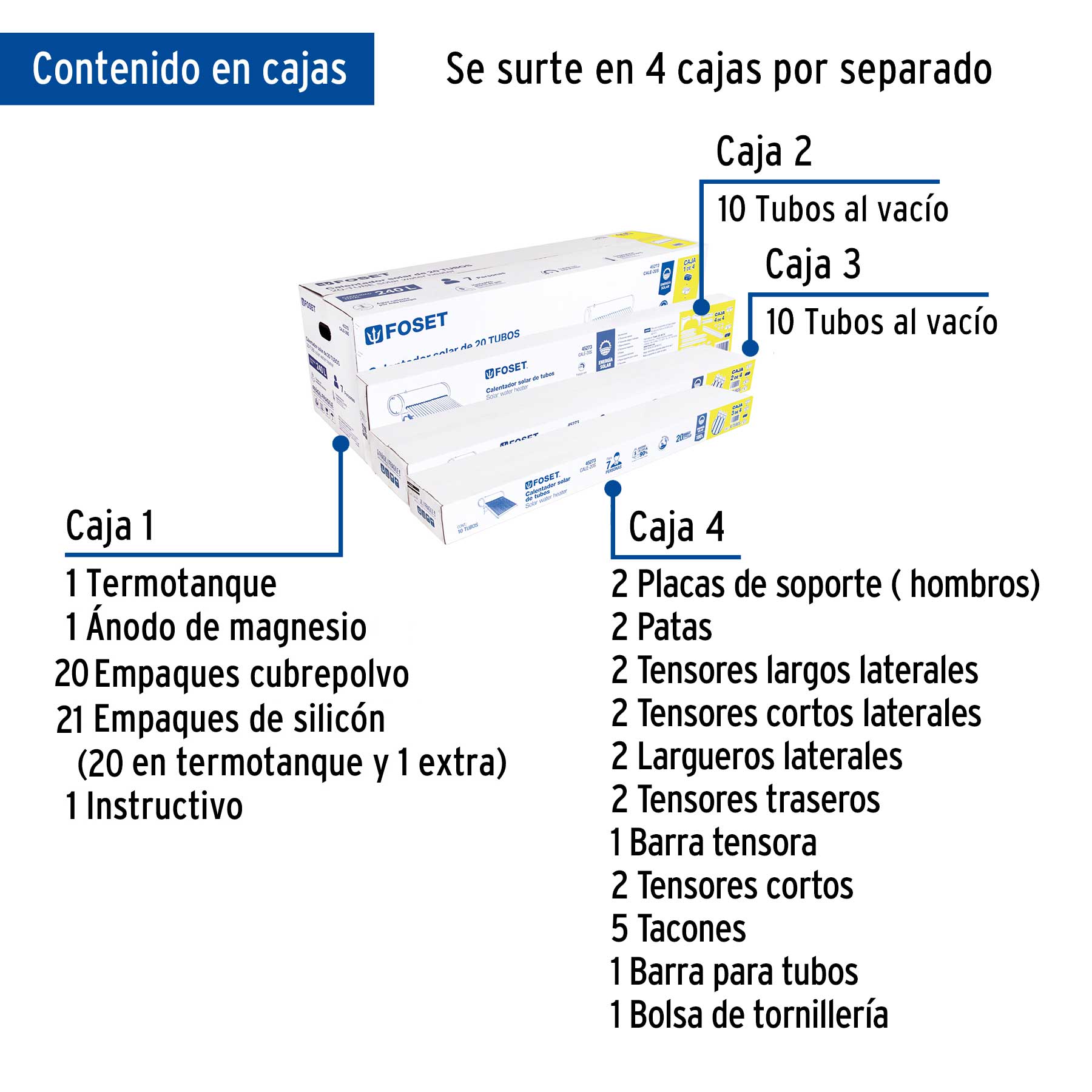 Calentador solar de agua, 20 tubos, 240L, 7 personas, FOSET. Modelo: CALE-20S