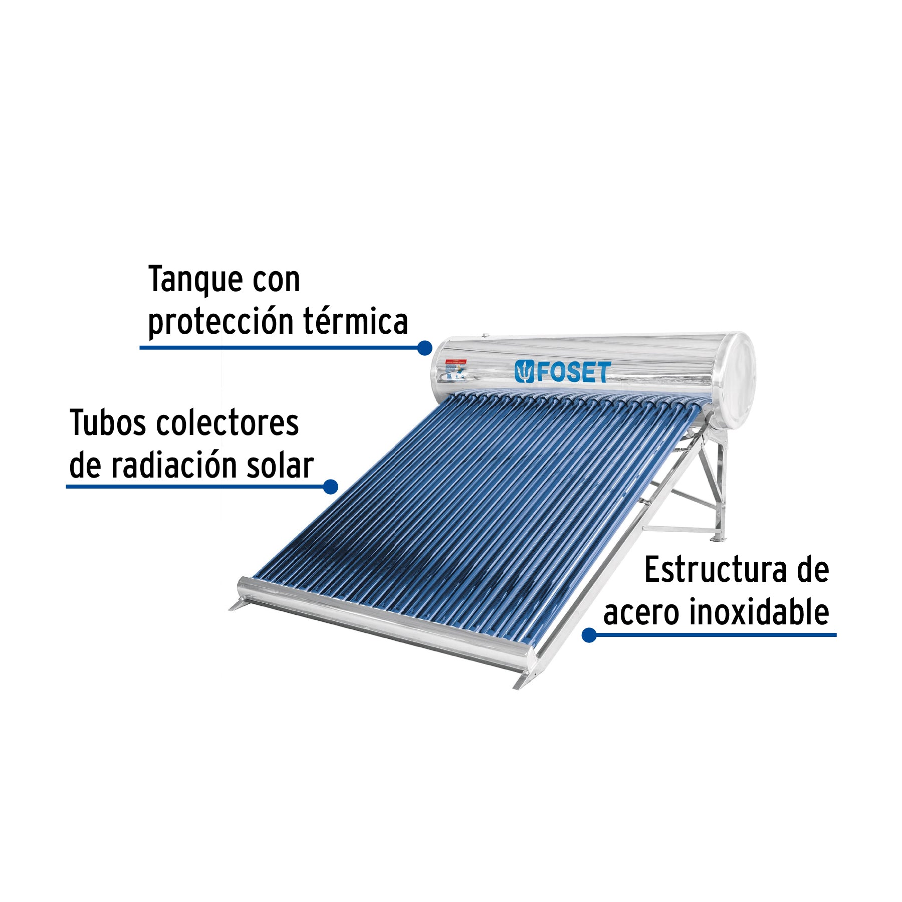 Calentador solar de agua, 20 tubos, 240L, 7 personas, FOSET. Modelo: CALE-20S