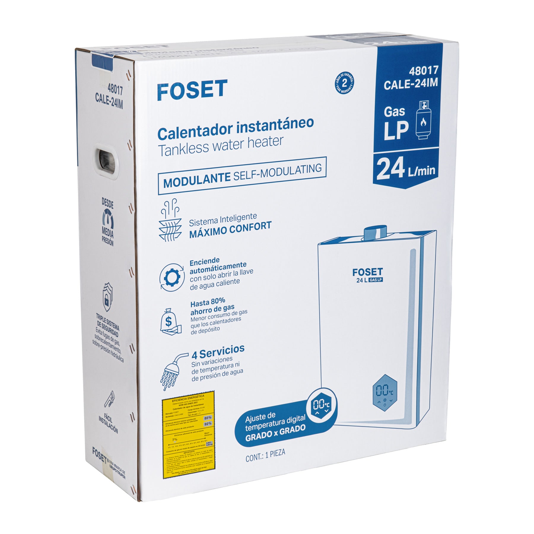Calentador instantáneo modulante, 24L, 4 serv, gas LP, FOSET. Modelo: CALE-24IM