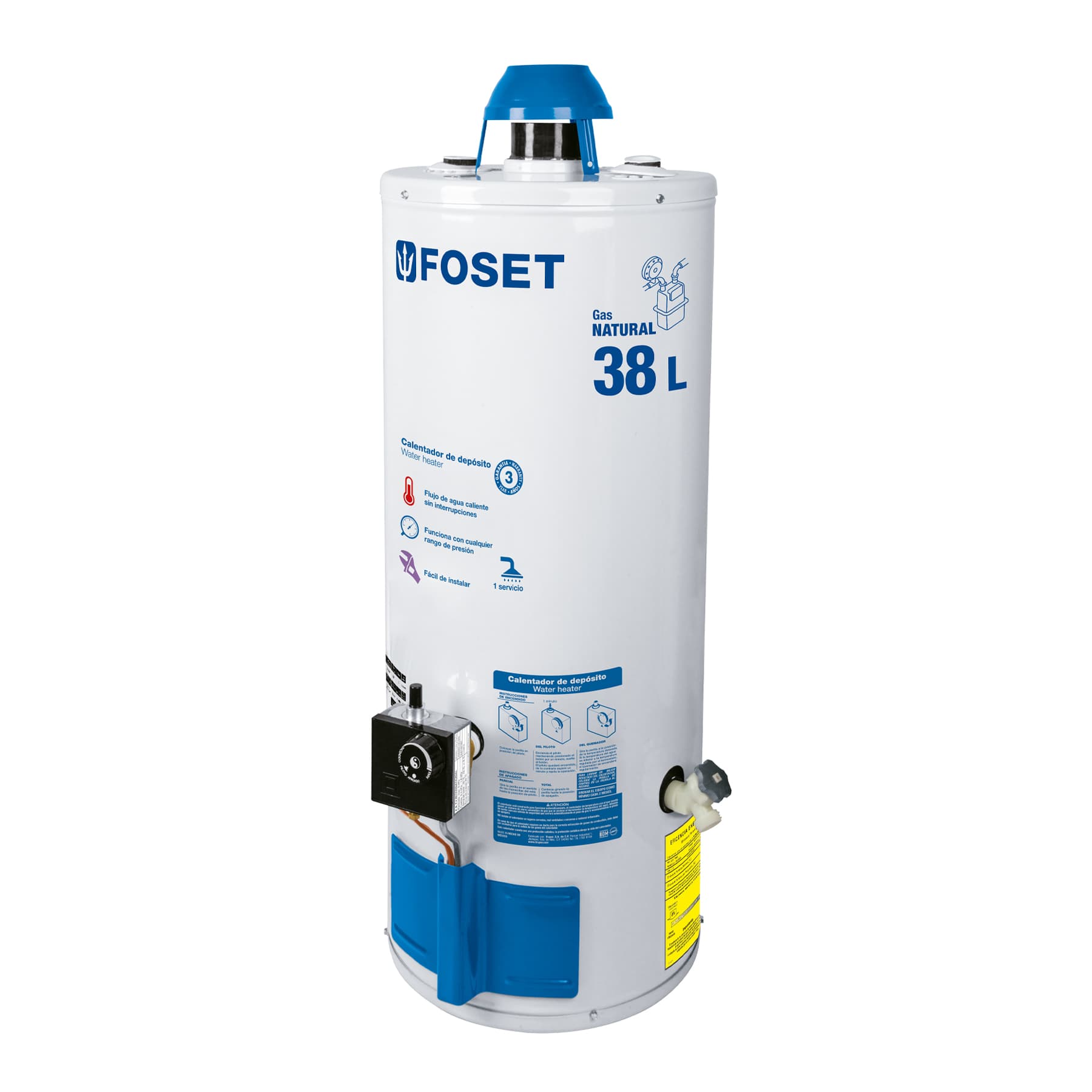 Calentador de depósito, 38L, 1 servicio, gas natural, FOSET. Modelo: CALE-38D-N