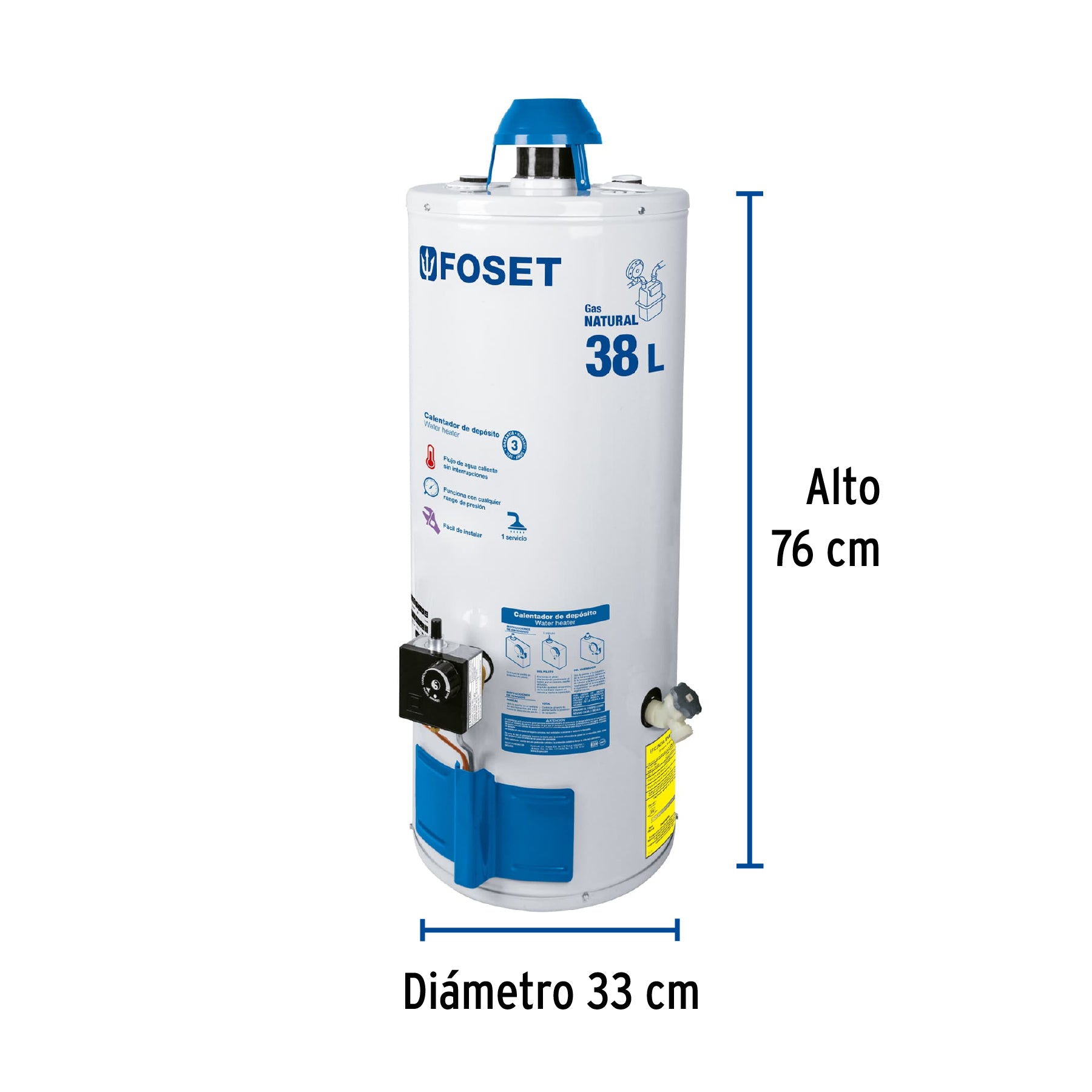 Calentador de depósito, 38L, 1 servicio, gas natural, FOSET. Modelo: CALE-38D-N