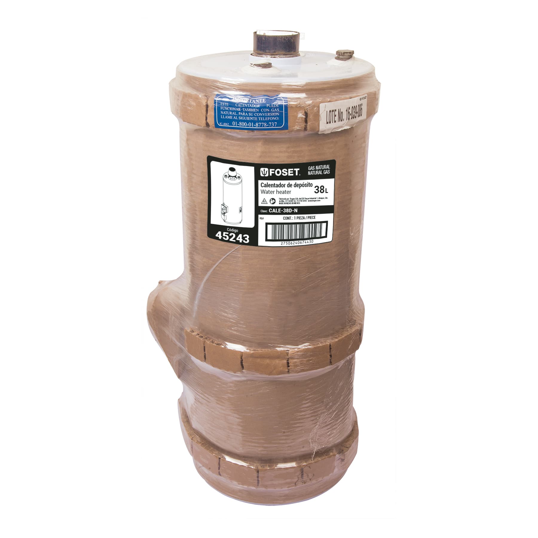 Calentador de depósito, 38L, 1 servicio, gas natural, FOSET. Modelo: CALE-38D-N