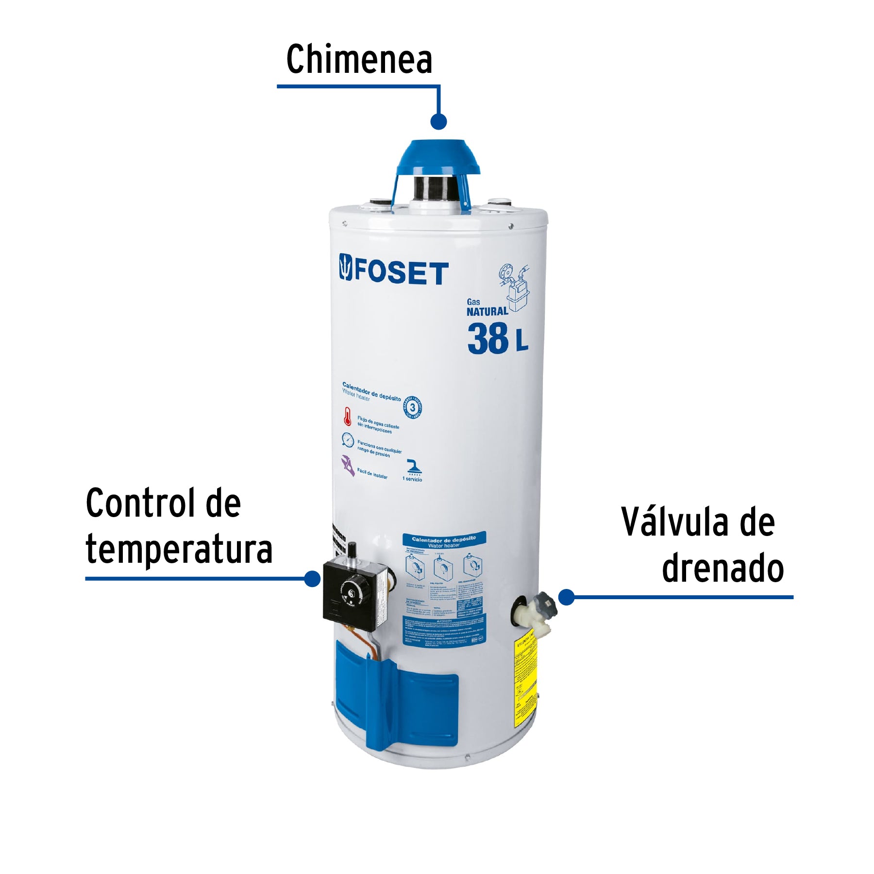Calentador de depósito, 38L, 1 servicio, gas natural, FOSET. Modelo: CALE-38D-N