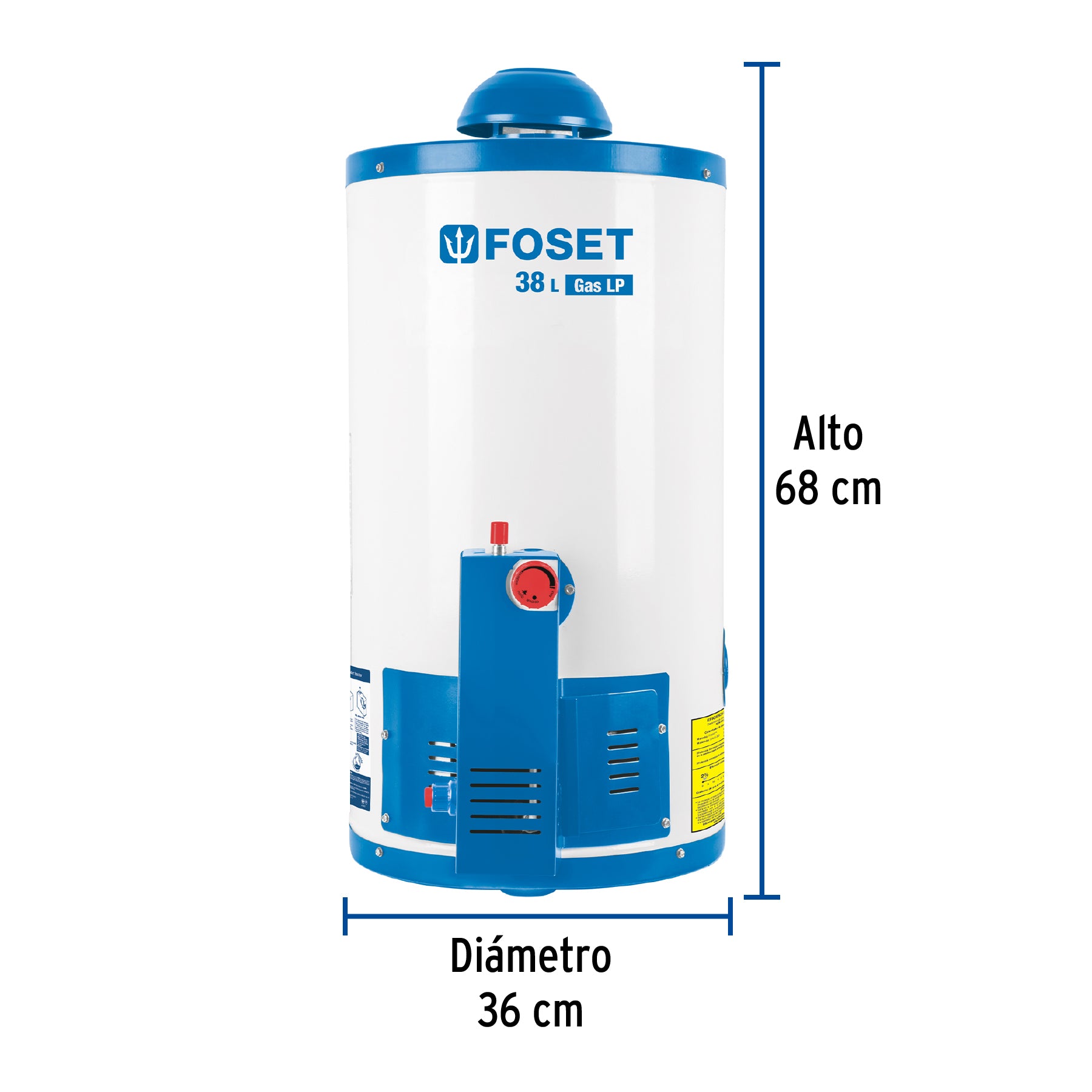 Calentador de depósito, 38L, 1 servicio, gas LP, FOSET. Modelo: CALE-38D