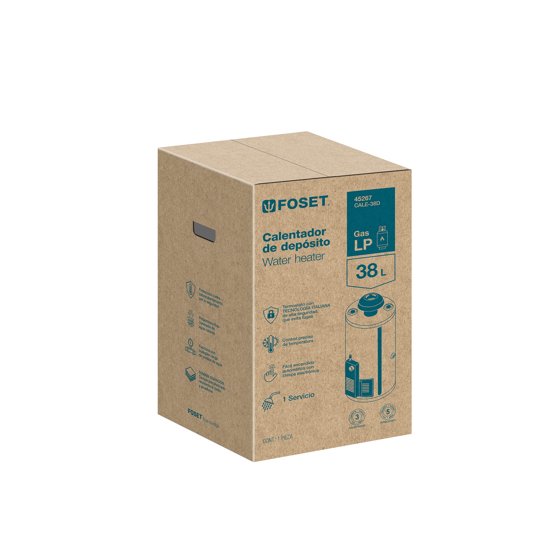 Calentador de depósito, 38L, 1 servicio, gas LP, FOSET. Modelo: CALE-38D