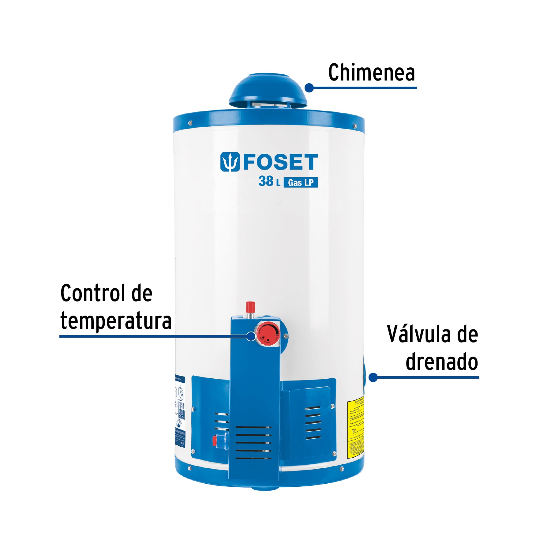 Calentador de depósito, 38L, 1 servicio, gas LP, FOSET. Modelo: CALE-38D
