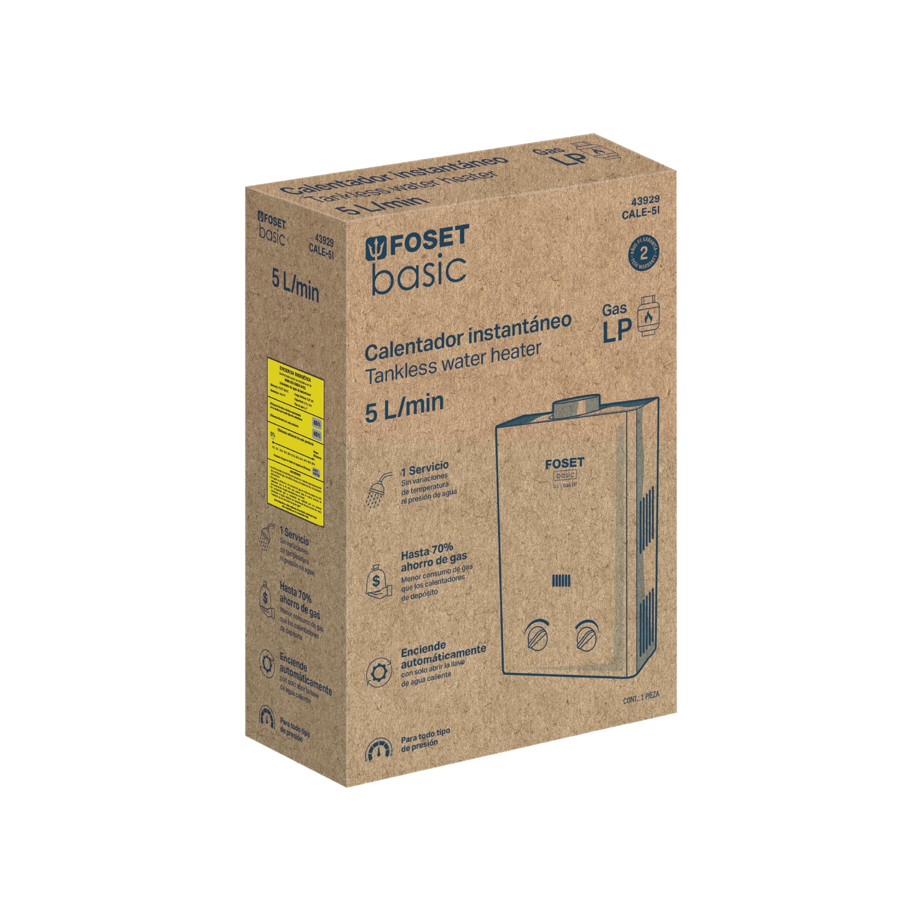 Calentador instantáneo, 5L, 1 servicio, gas LP, FOSET BASIC. Modelo: CALE-5I