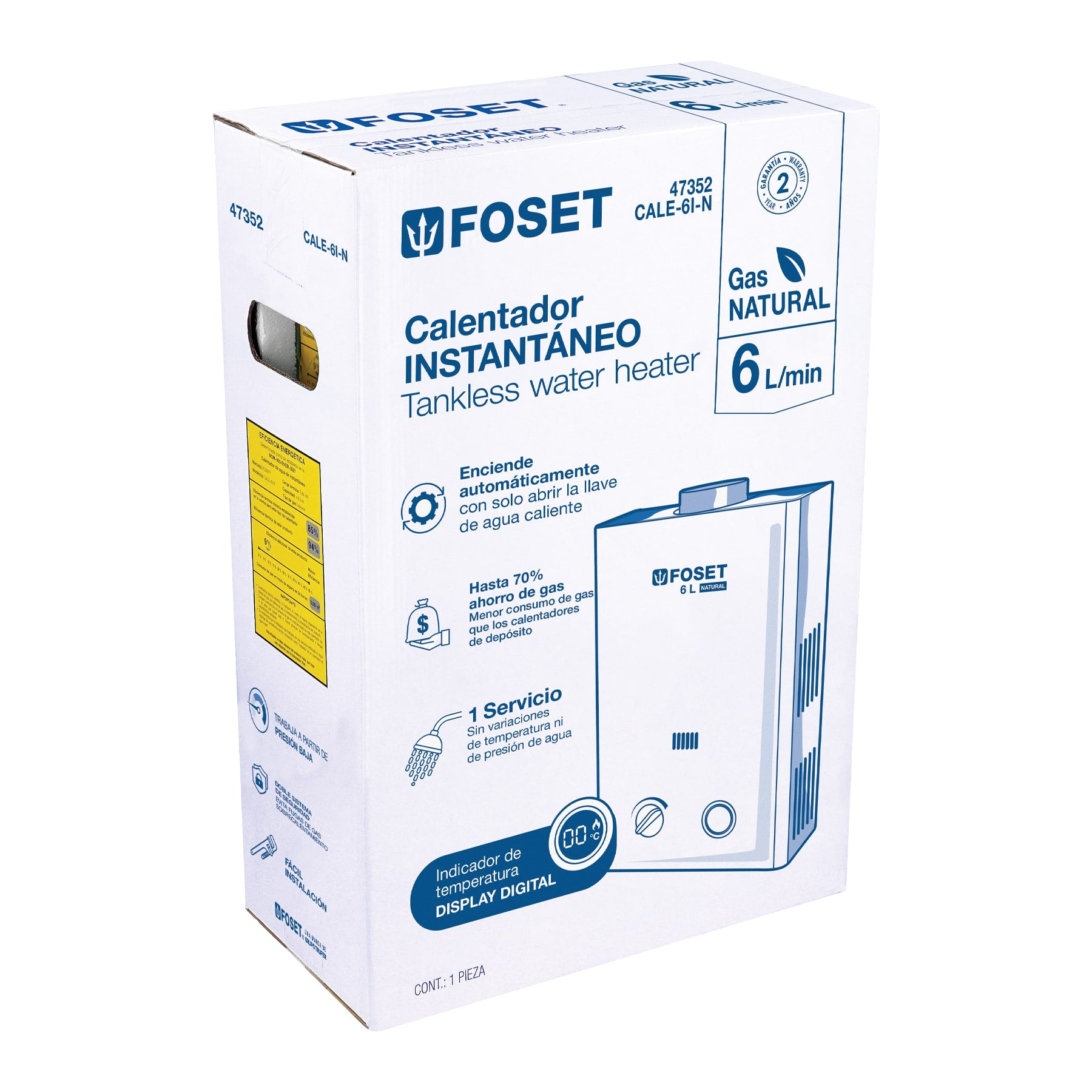 Calentador instantáneo, 6L, 1 servicio, gas natural, FOSET. Modelo: CALE-6I-N