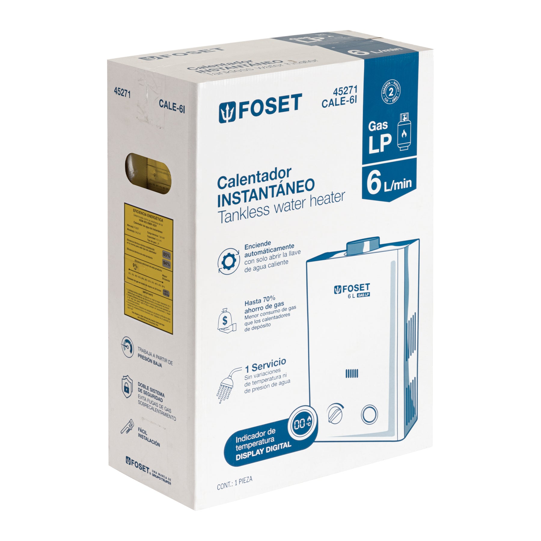 Calentador instantáneo, 6L, 1 servicio, gas LP, FOSET. Modelo: CALE-6I