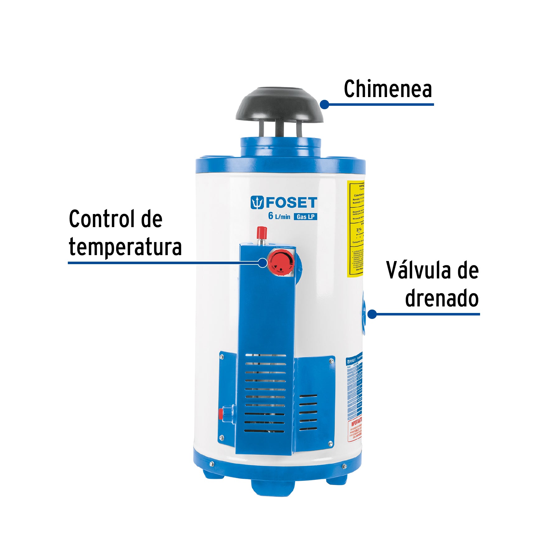 Calentador de paso, rápida recup, 6L, 1 serv, gas LP, FOSET. Modelo: CALE-6PA