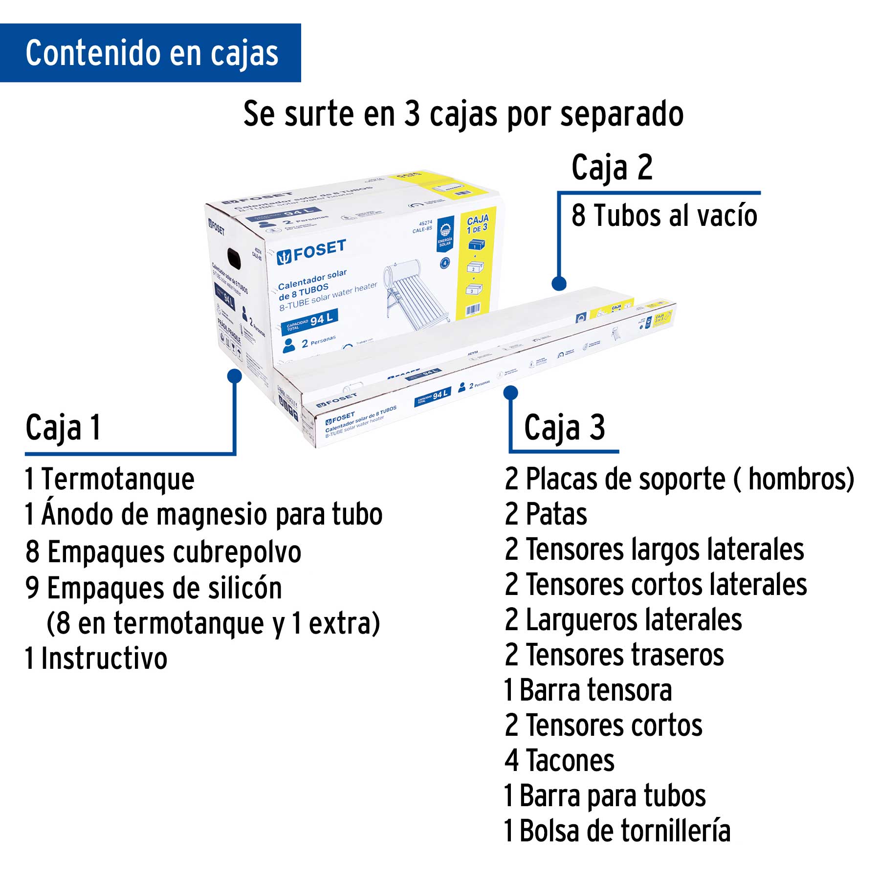 Calentador solar de agua, 8 tubos, 94L, 2 personas, FOSET. Modelo: CALE-8S