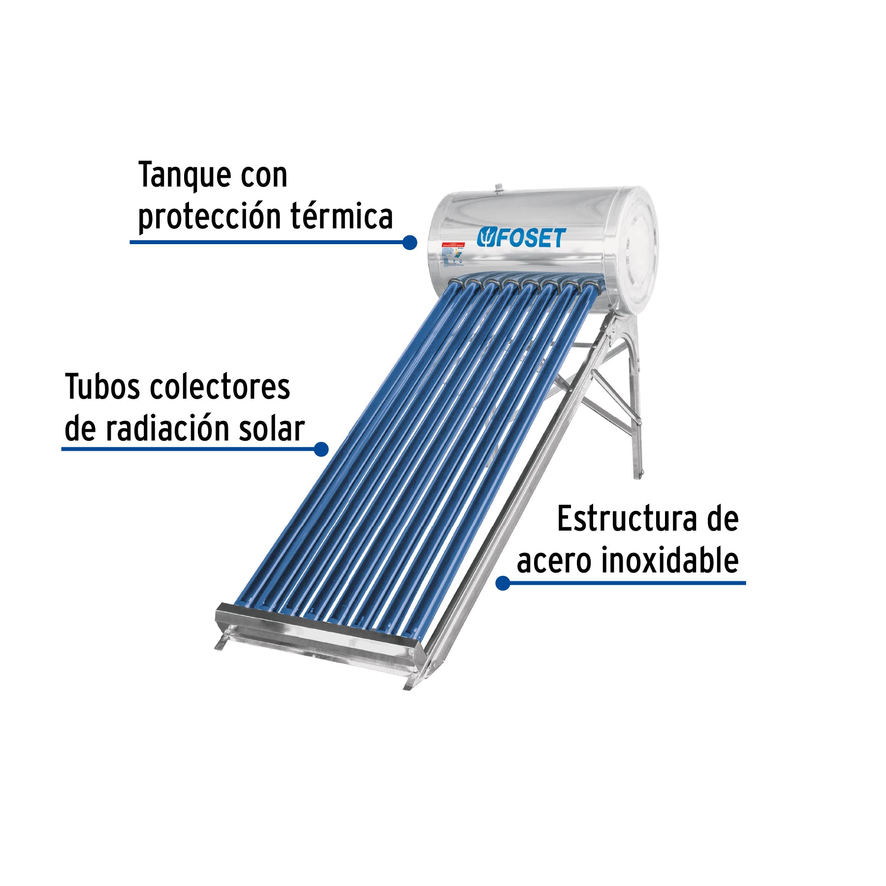 Calentador solar de agua, 8 tubos, 94L, 2 personas, FOSET. Modelo: CALE-8S