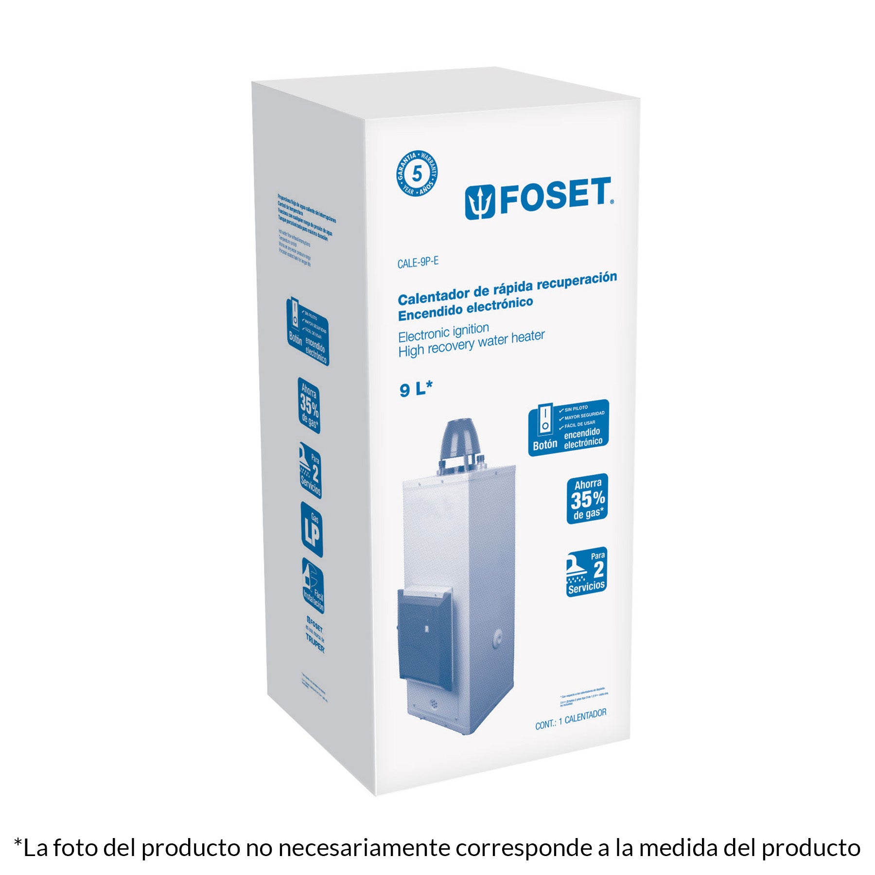 Calentador de paso, electrónico, 9L, 2 serv, gas nat, FOSET. Modelo: CALE-9P-EN